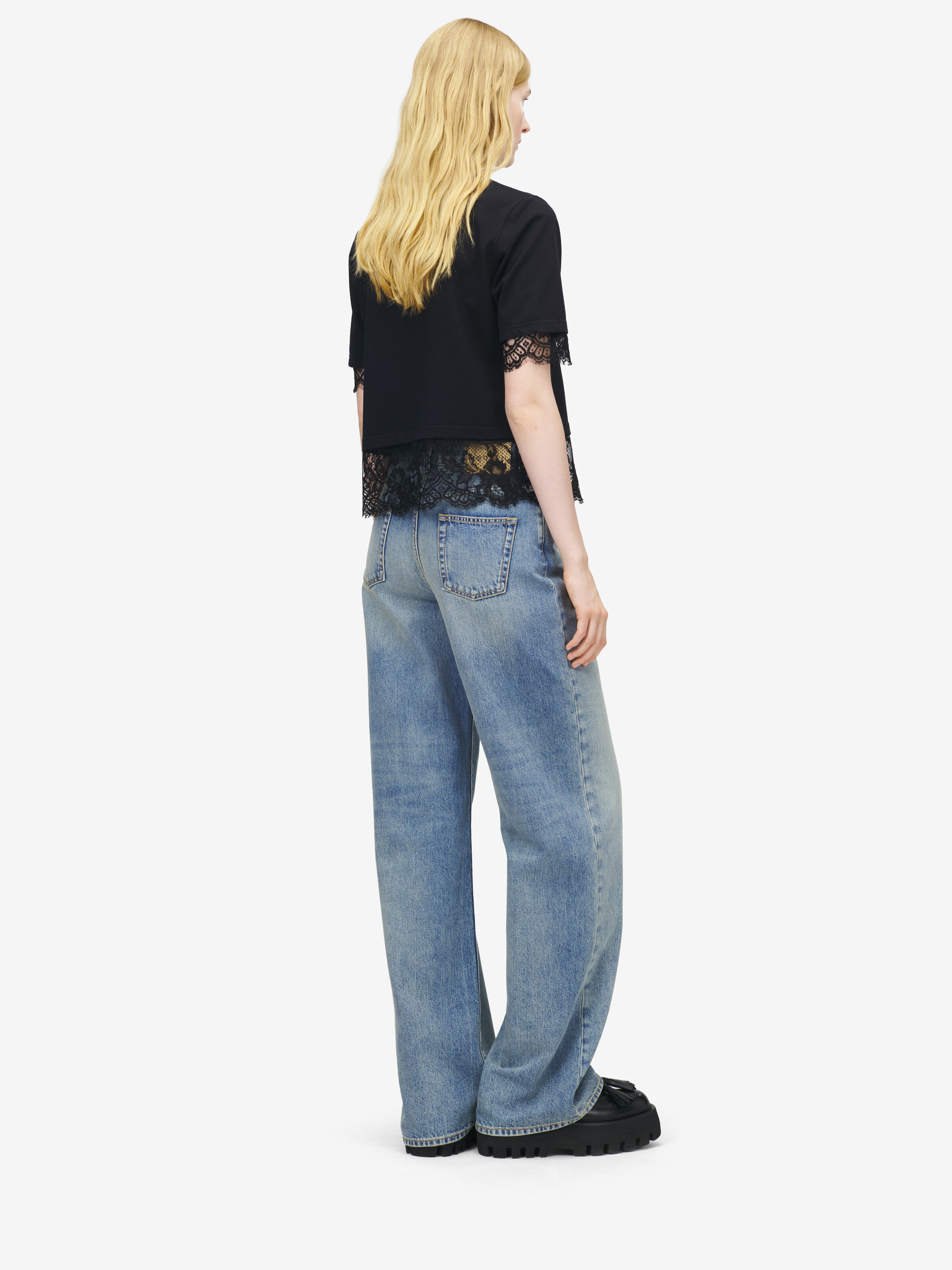 Women's Lace Detail T-shirt in Black in 100% Cotton | Alexander McQueen - image 4