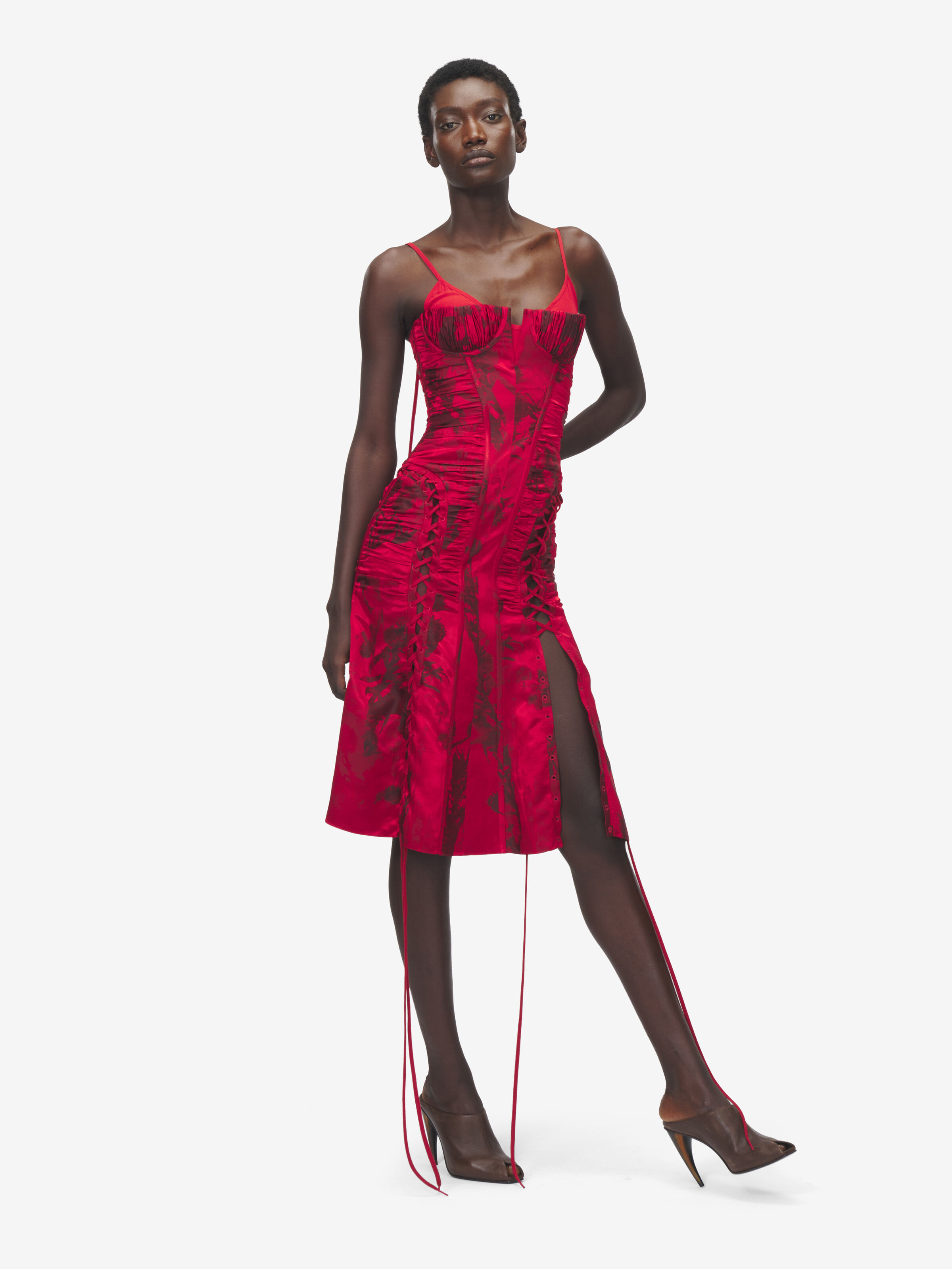 Women's Floral Jacquard Corset Dress in Red/Black in 100% Viscose | Alexander McQueen - image 2