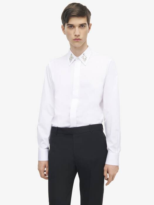 Men's Crystal Mirror Embroidery Shirt in White | Alexander