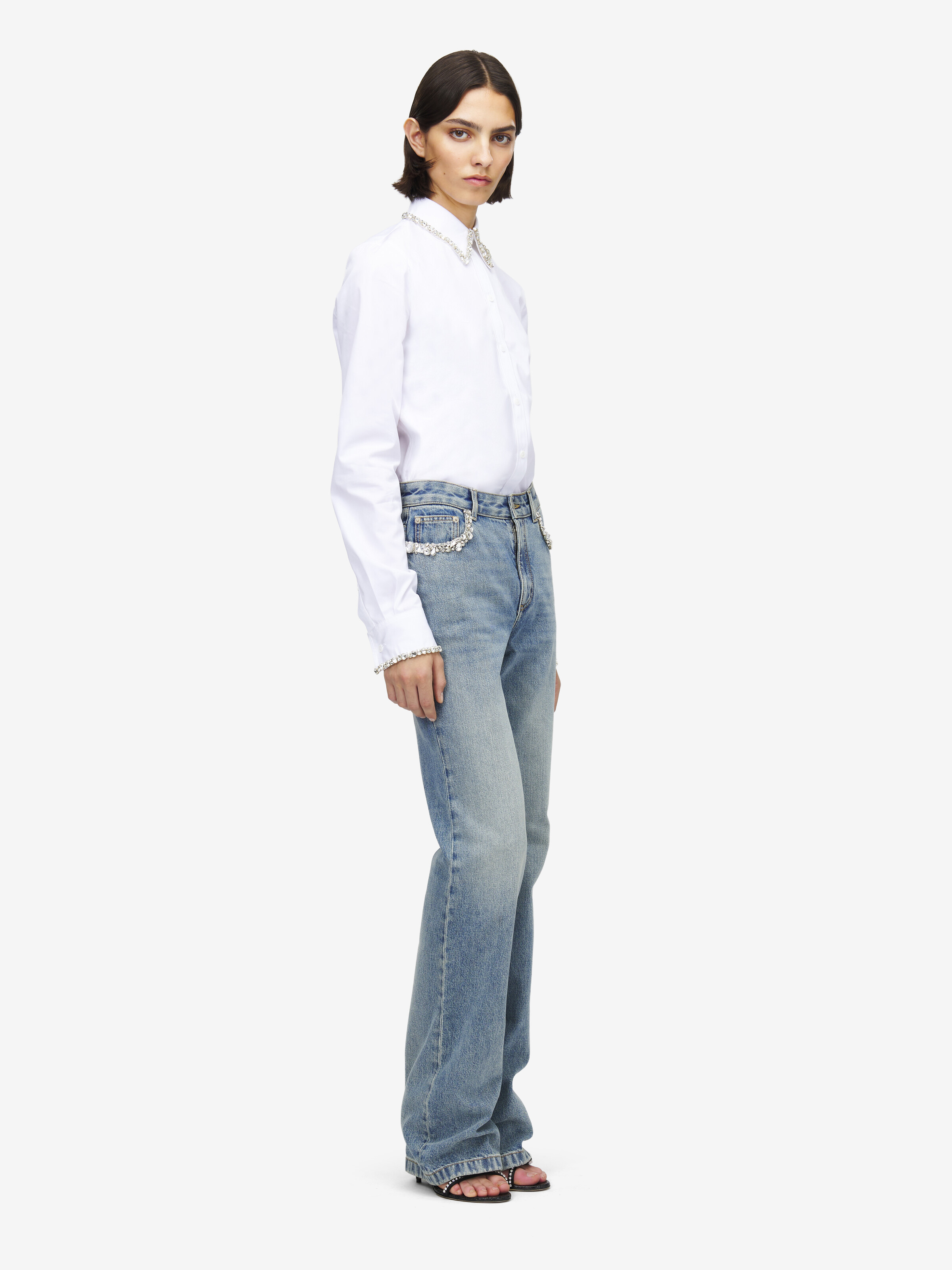 Women's Crystal Embroidery Straight Leg Jeans in Washed Blue in 100% Cotton | Alexander McQueen - image 3