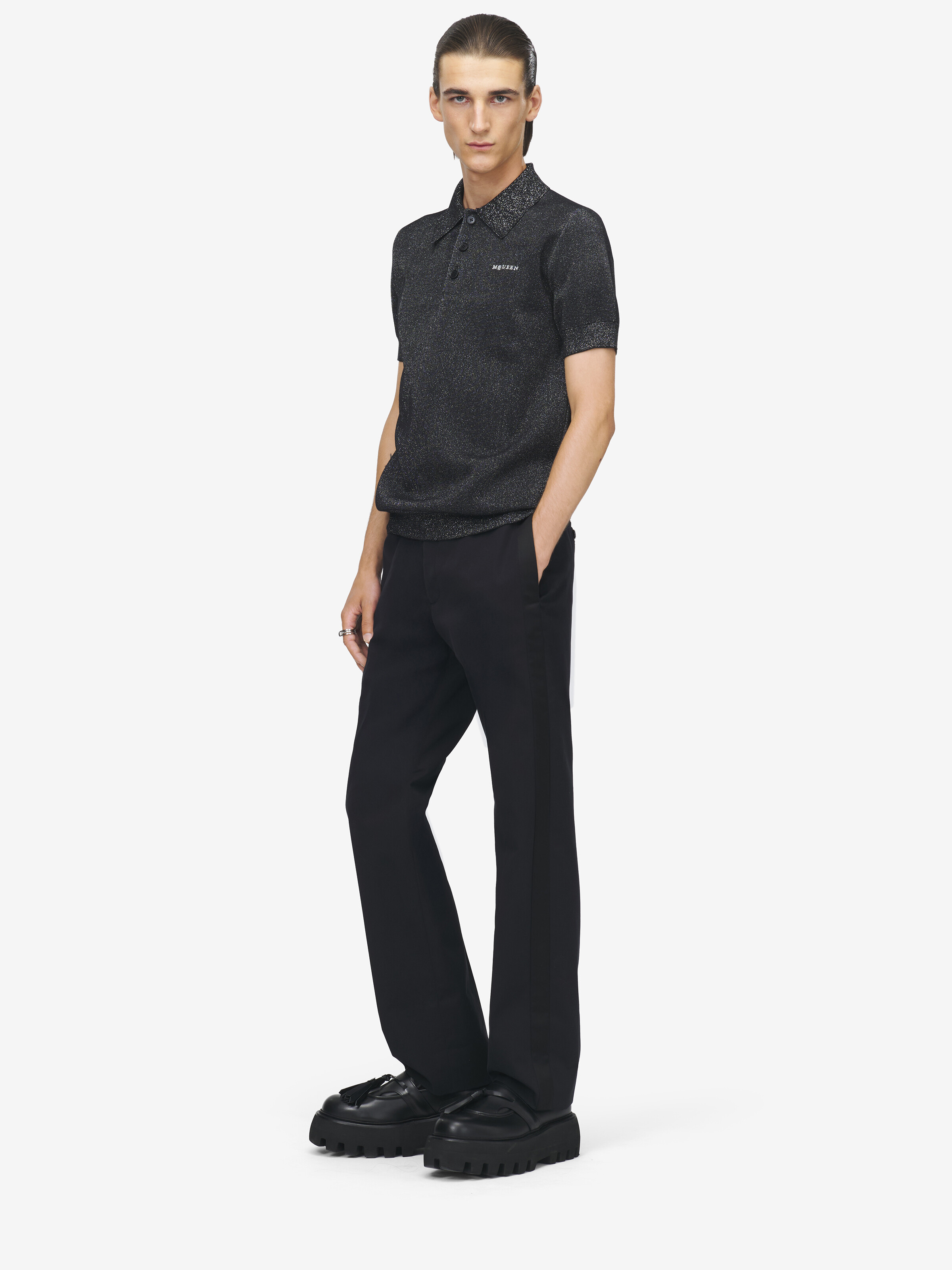 Men's McQueen Logo Polo Shirt in Black in 91% Wool, 6% Polyester, 2% Metalic Polyester | Alexander McQueen - image 3