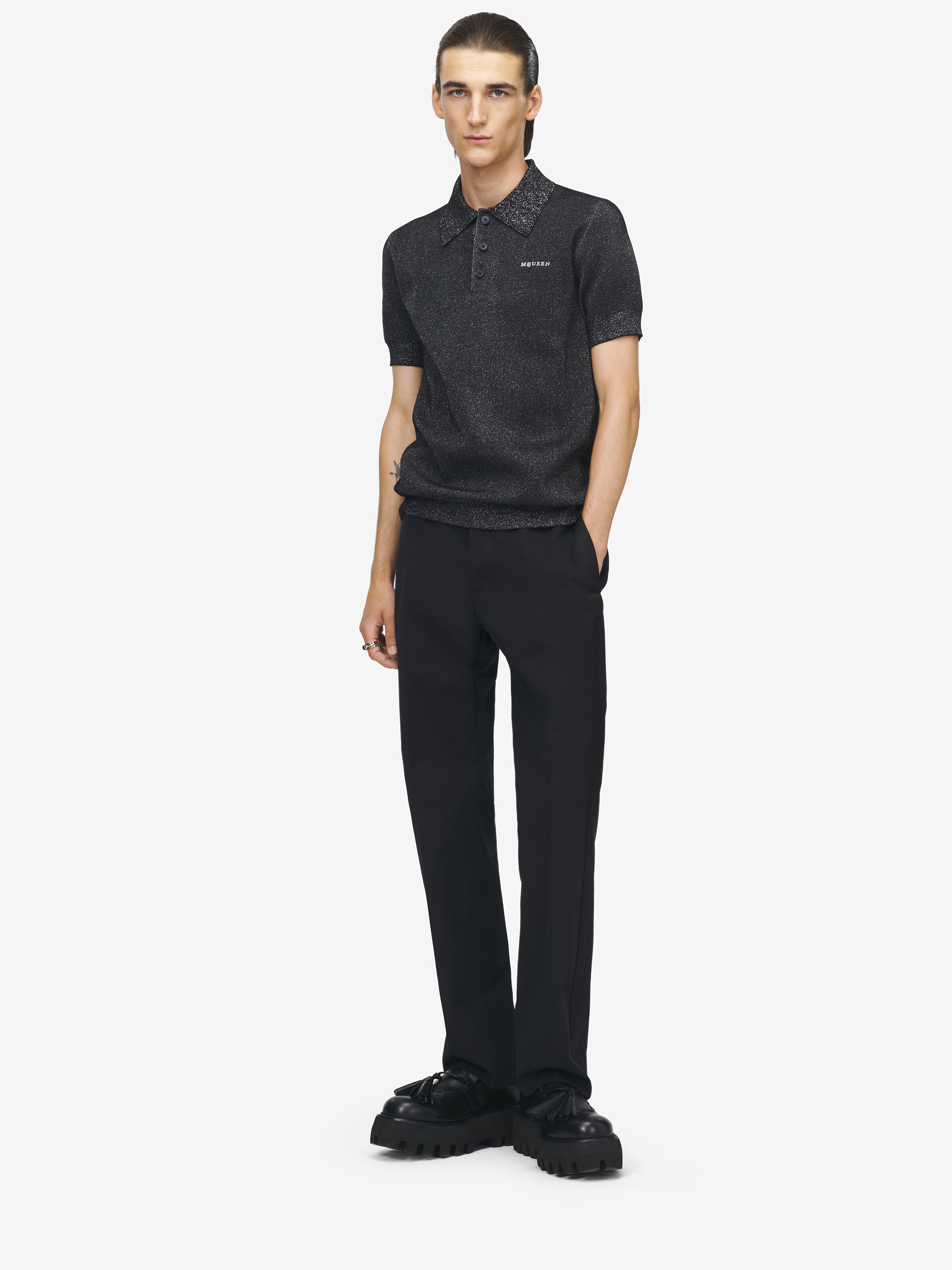 Men's McQueen Logo Polo Shirt in Black in 91% Wool, 6% Polyester, 2% Metalic Polyester | Alexander McQueen - image 2