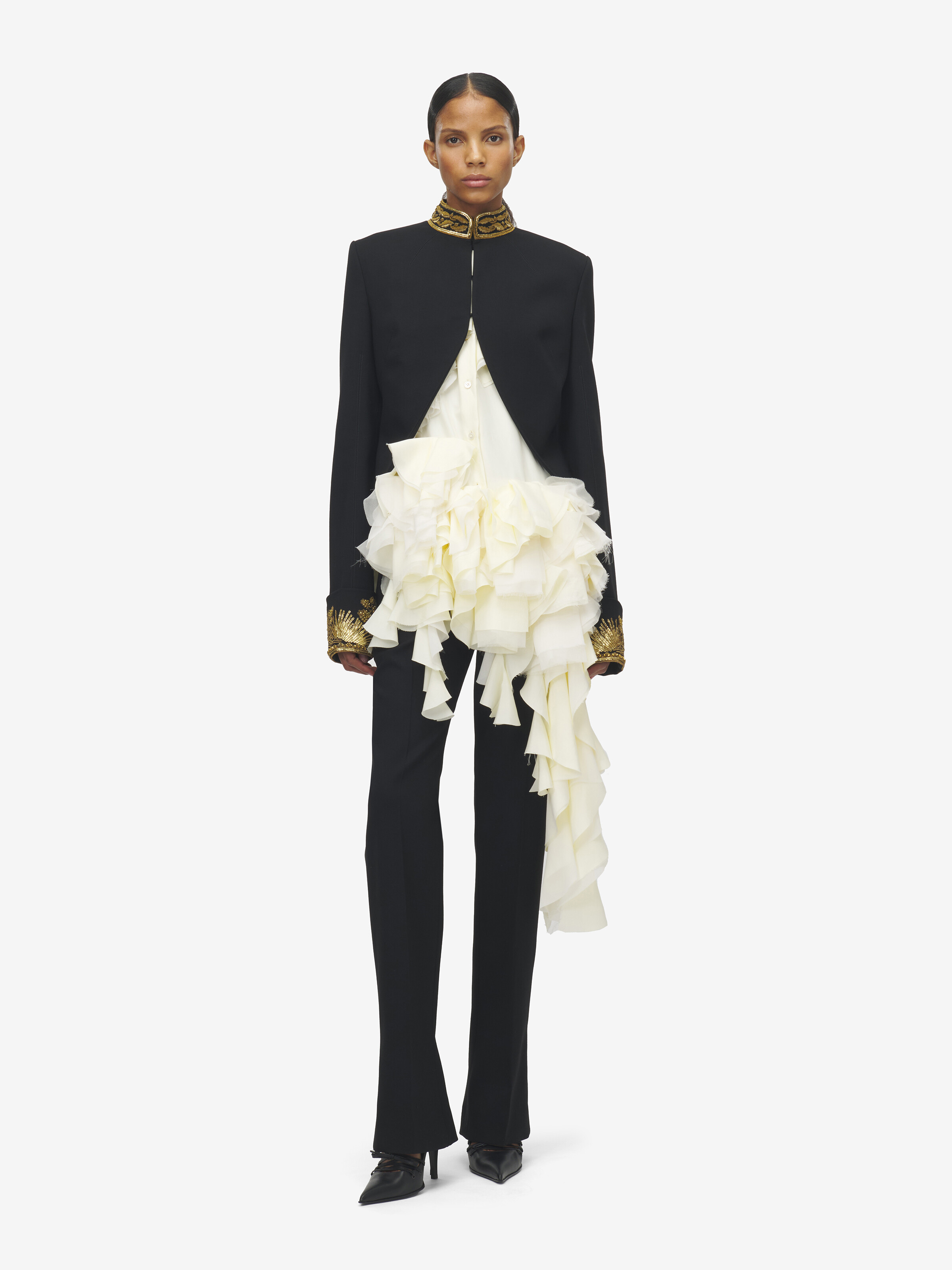 Women's Goldwork Border Embroidery Cutaway Jacket in Black in 98% Wool, 2% Elastane | Alexander McQueen - image 3