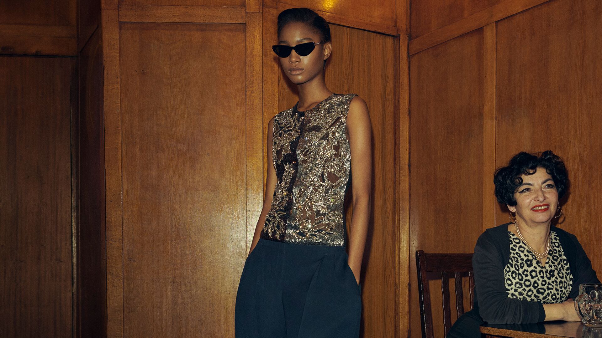 Model wearing sequin embroidered look from McQueen Autumn Winter 2025 Pre-collection