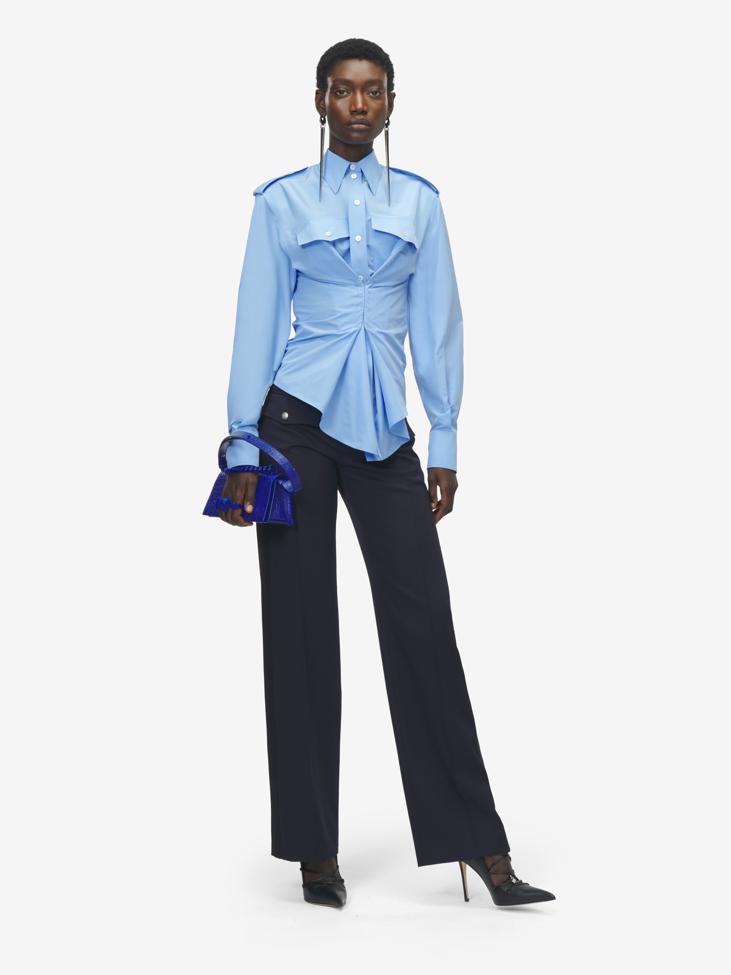 Women's Gathered Long-Sleeved Shirt in Blue in 51% Cotton, 49% Polyester | Alexander McQueen - image 2