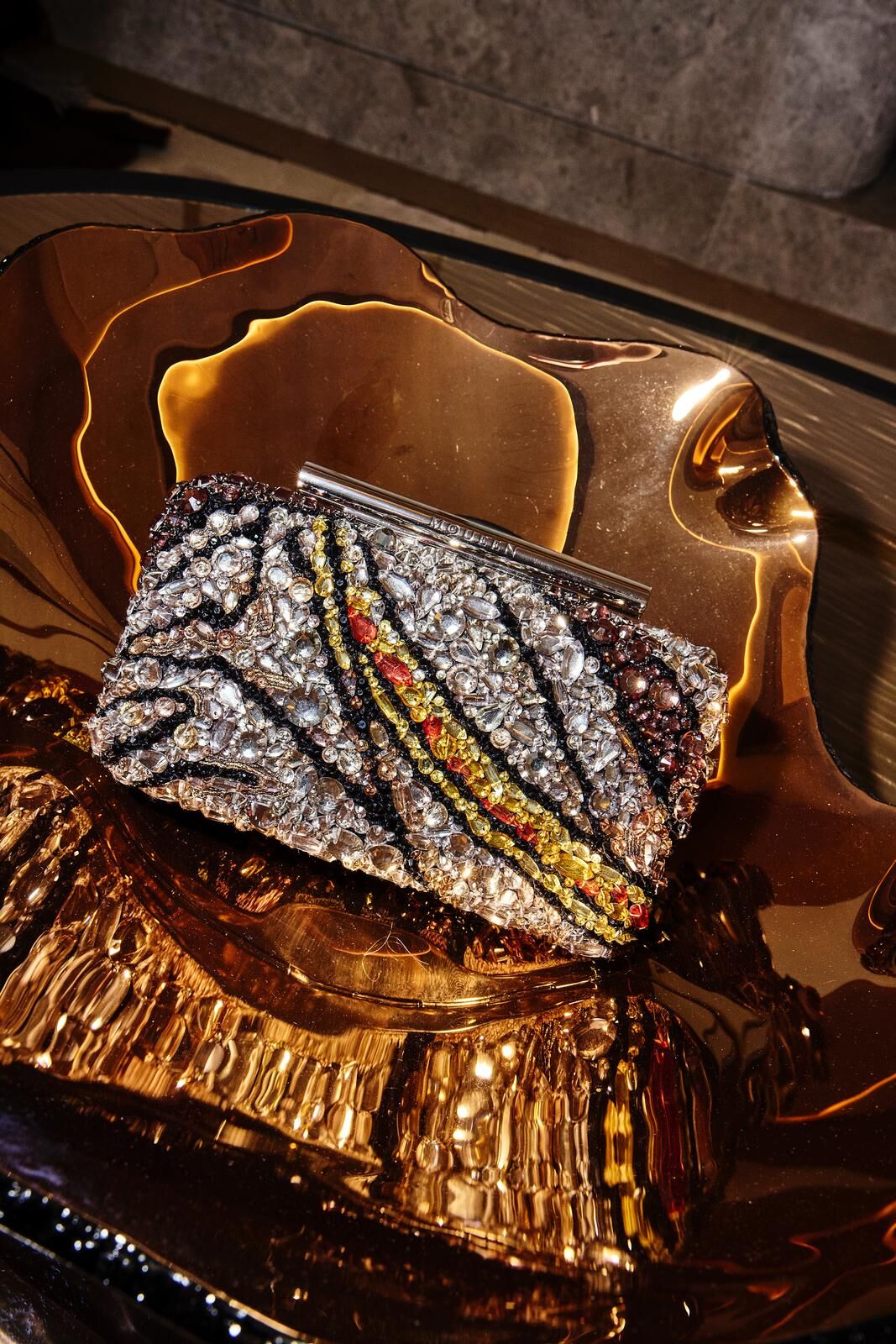 McQueen Stained Glass embroidered T-Bar Box clutch bag. 