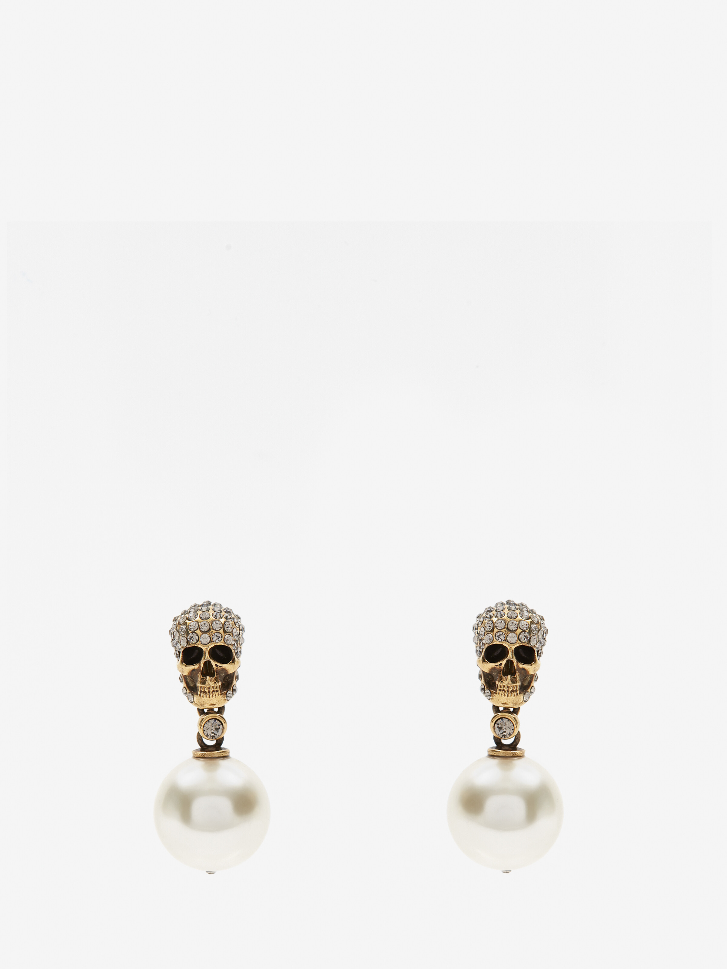 Women's Pearl Pave Skull Earrings in Antique Gold-finish in Brass | Alexander McQueen - image 1
