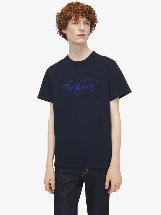 Men's McQueen Script Print T-shirt in Blue | Alexander