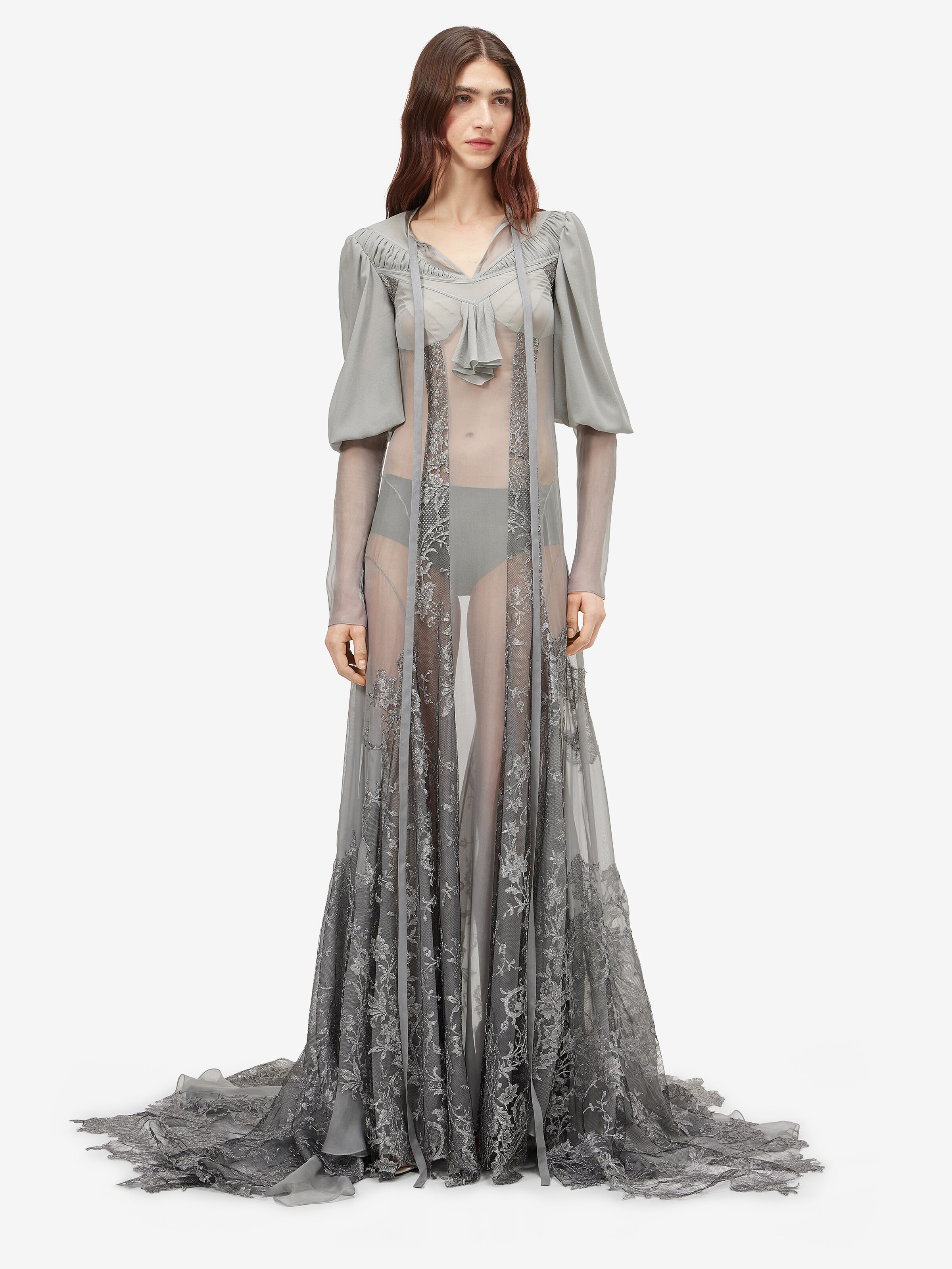 Abito da sera in pizzo floreale da Donna in Grigio in 100% seta -  tessuto 2: 100% seta -  tessuto 3: 52% poliammide, 32% viscosa, 16% fibra metallizzata -  fodera: 74% acetato, 26% seta | Alexander McQueen - image 2