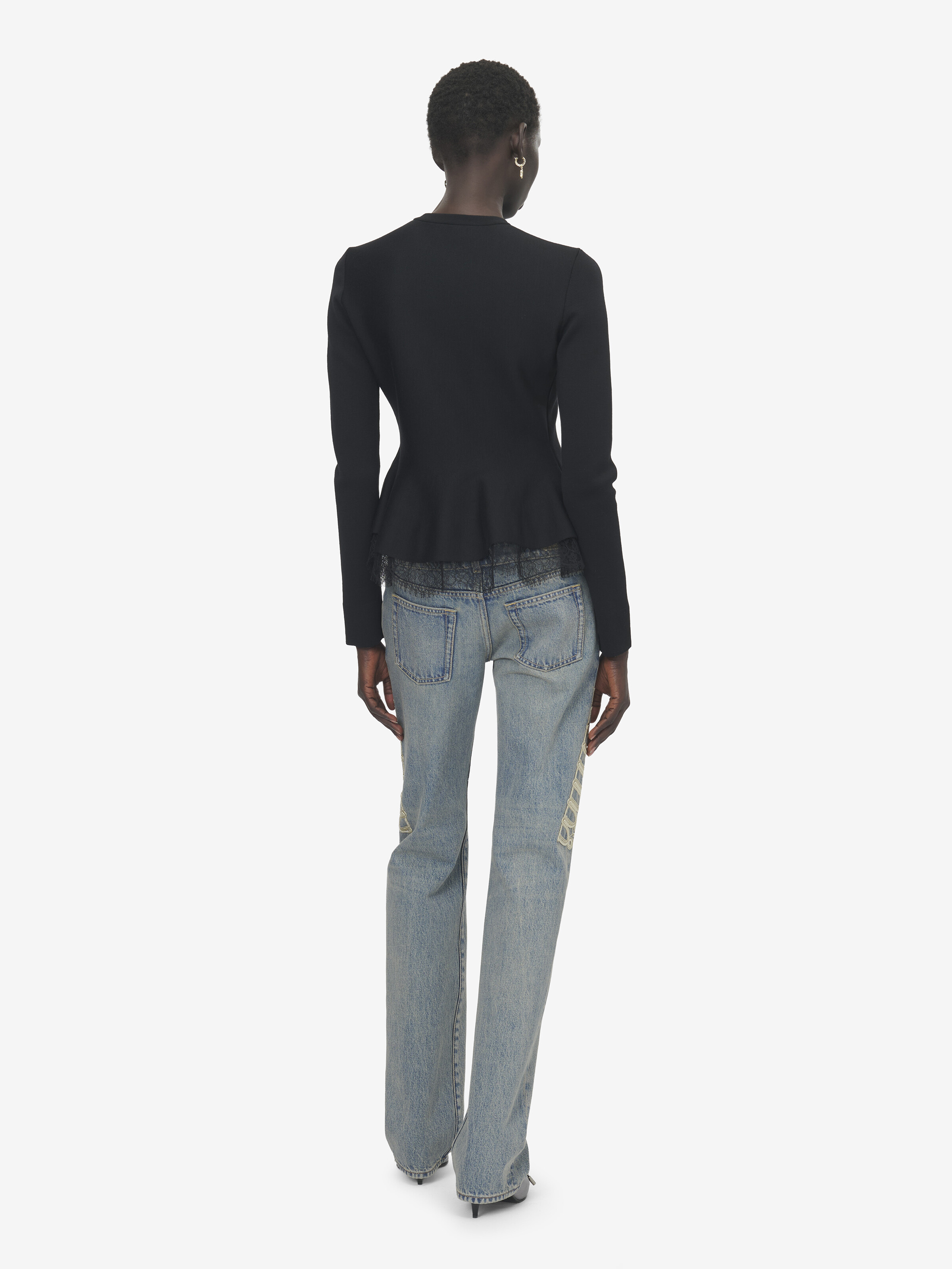 Women's Lace Trim Peplum Cardigan in Black in 46% Viscose, 45% Wool, 8% Polyamid1% Elastan | Alexander McQueen - image 4