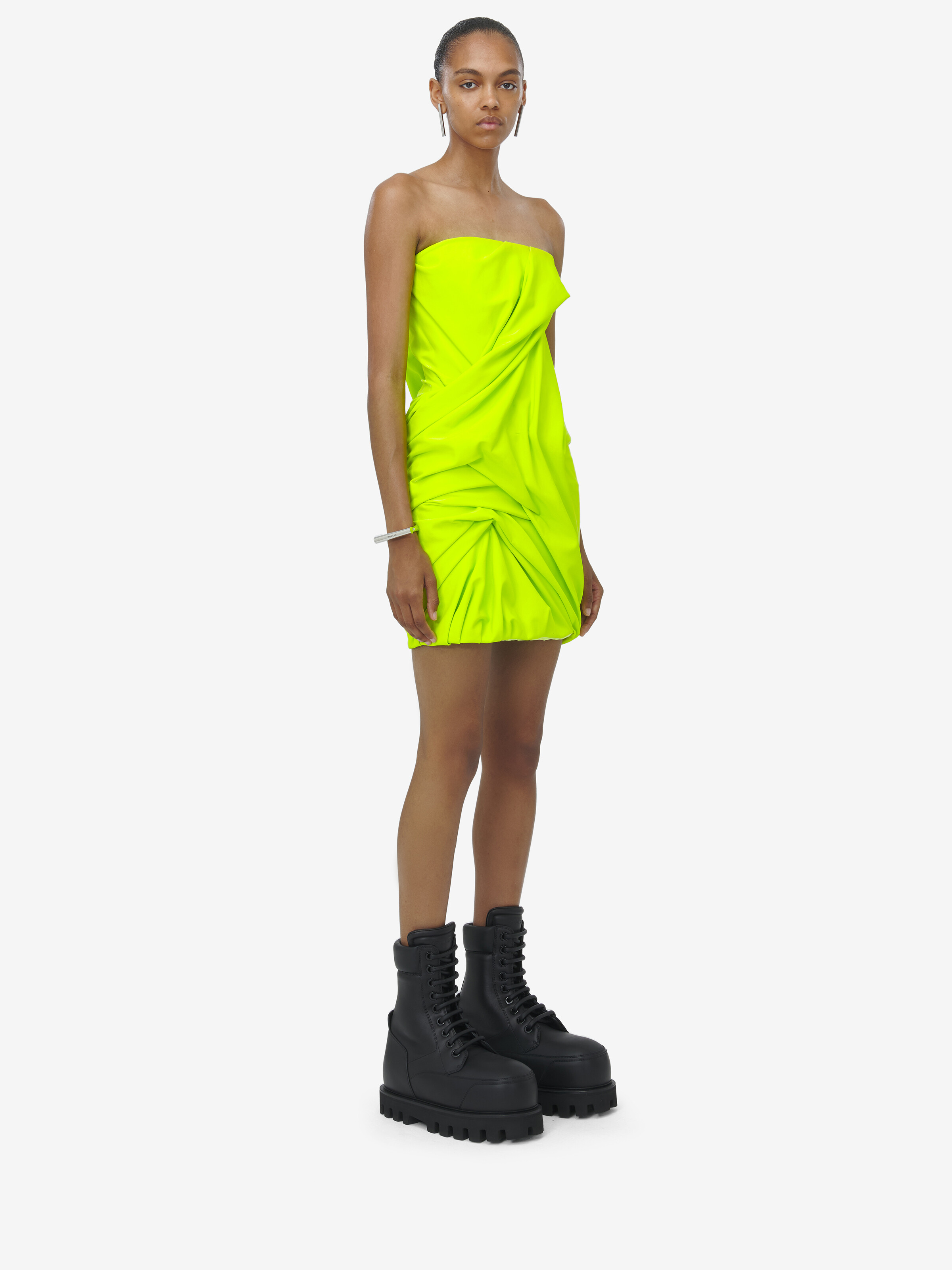 Women's Draped Mini Dress in Acid yellow in 83% Polyamide, 17% Elastan | Alexander McQueen - image 3