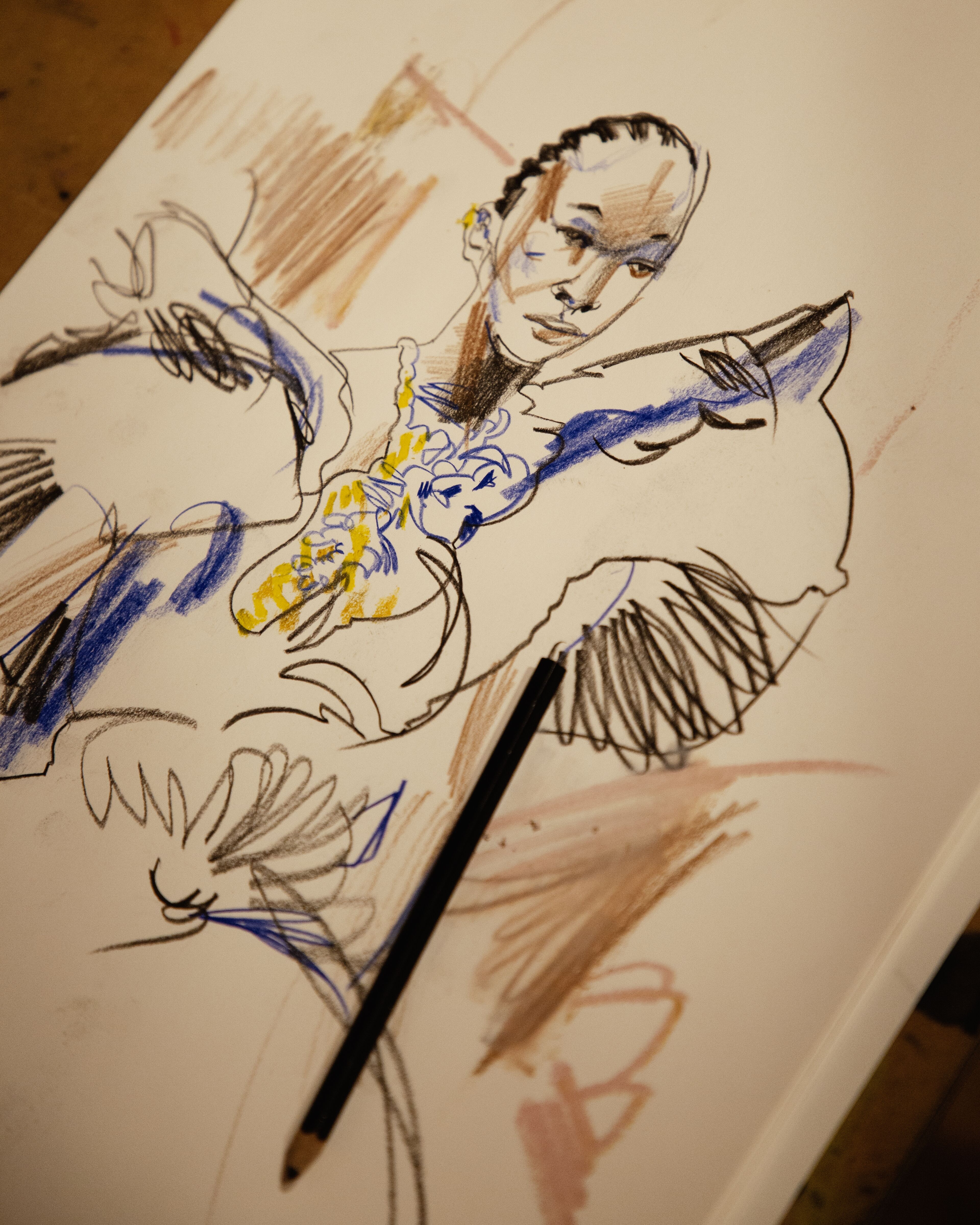 students illustration of model wearing McQueen dress