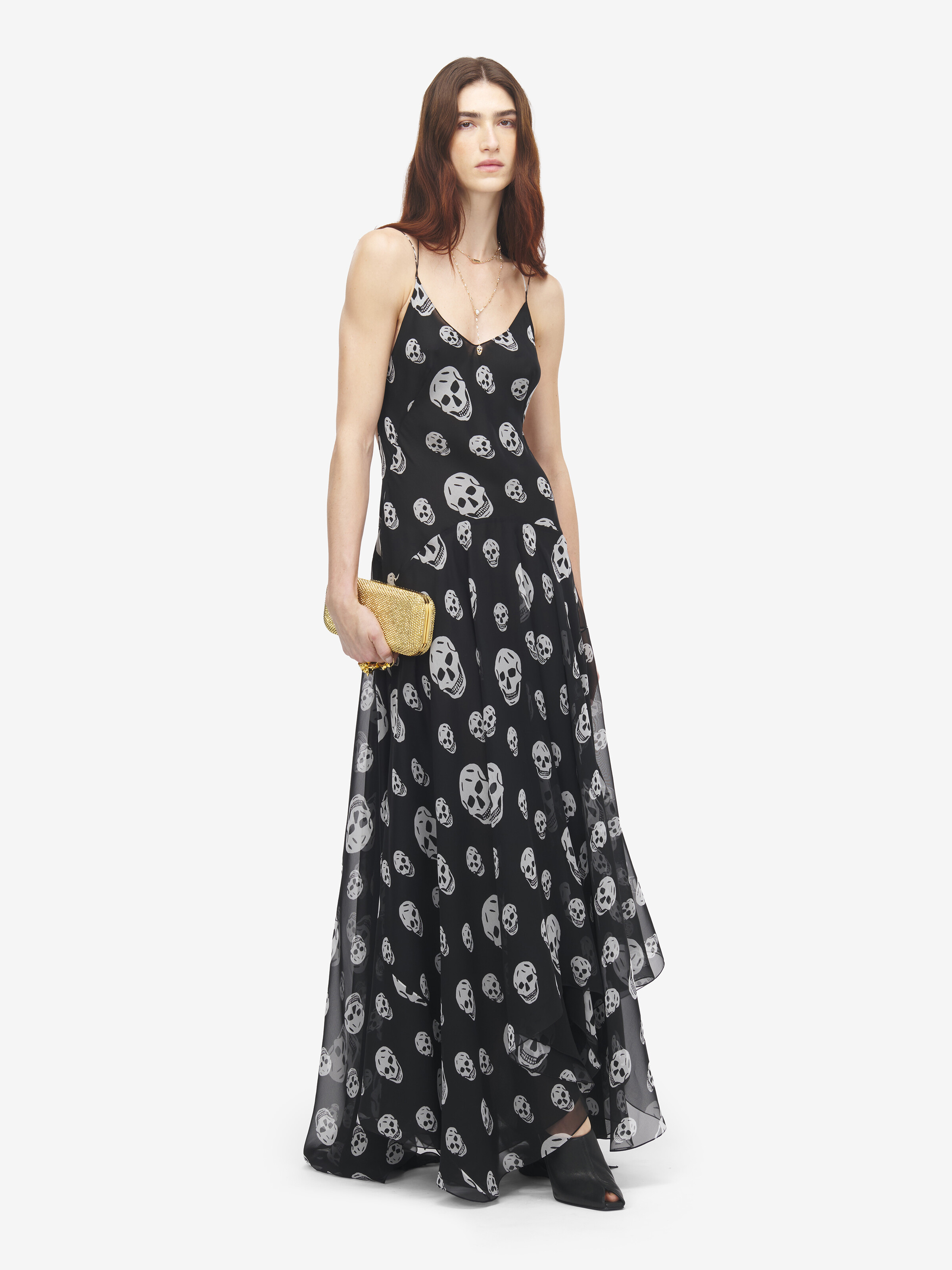 Women's Silk Skull Print Evening Dress in Black/White in 100% Silk | Alexander McQueen - image 2