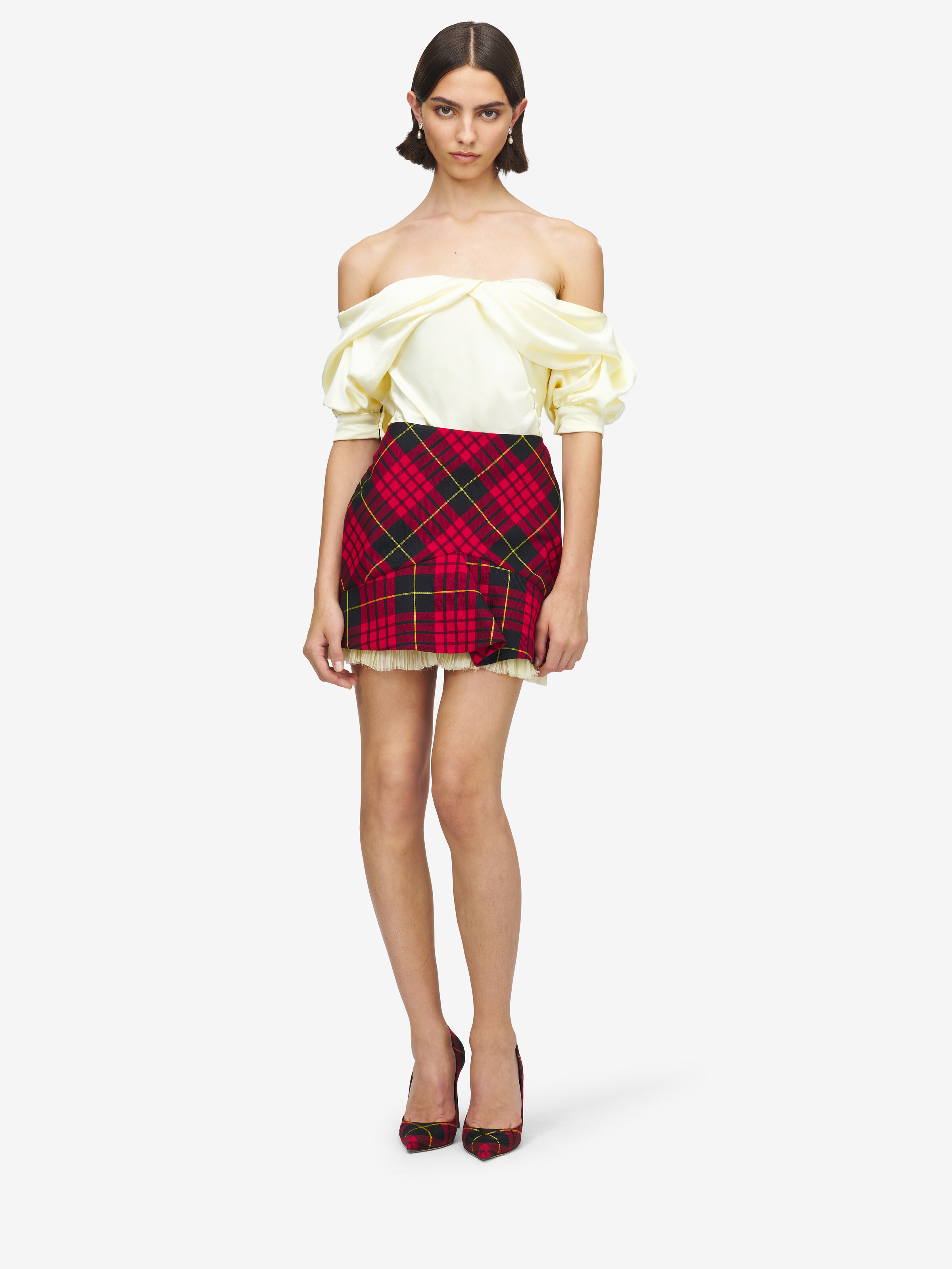Women's MacQueen Tartan Kickback Mini Skirt in Red/Black/Yellow in 55% Polyester, 45% Wool | Alexander McQueen - image 2