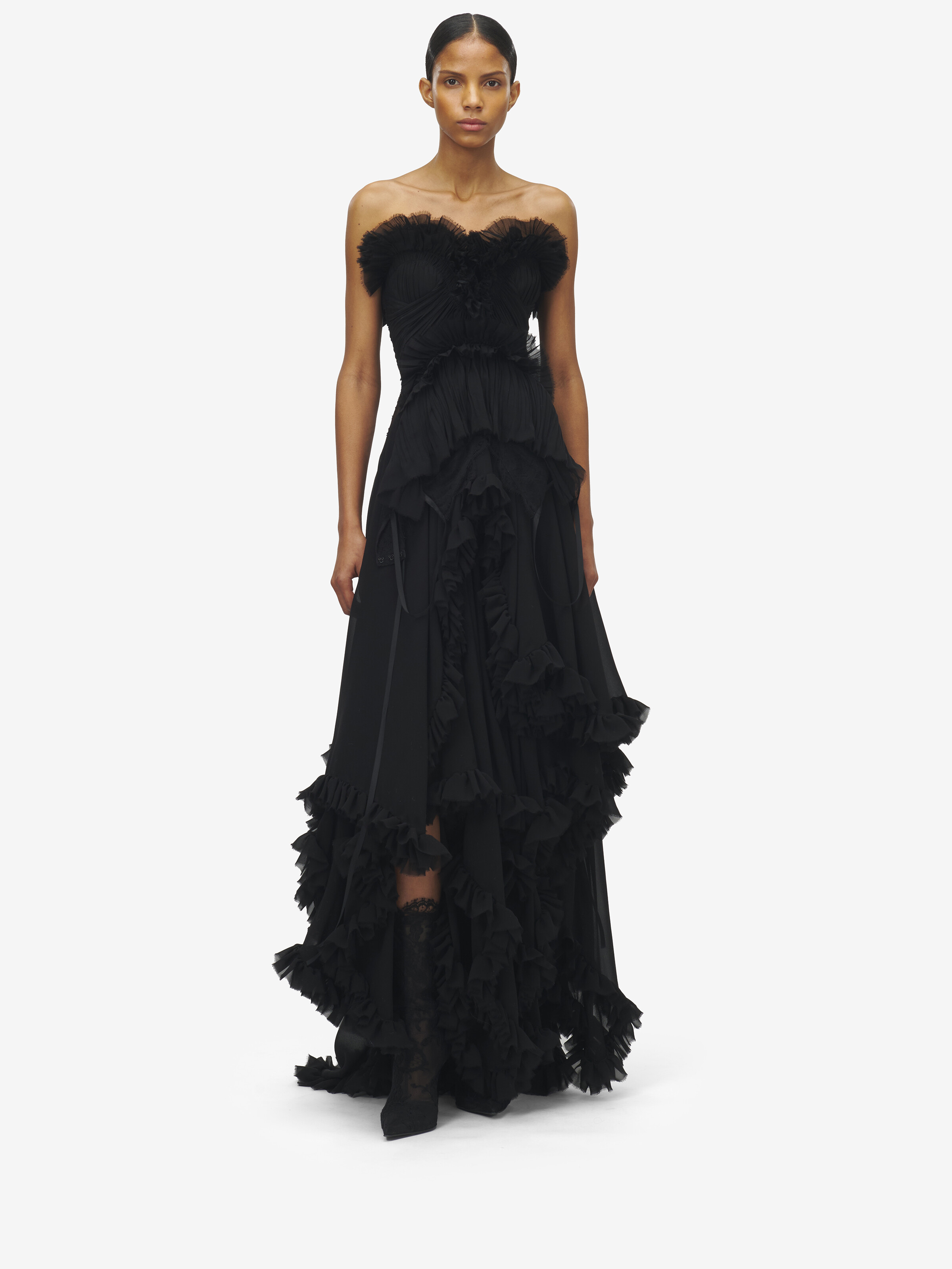 Women's Ruffled Evening Dress in Black in 100% Silk | Alexander McQueen - image 2