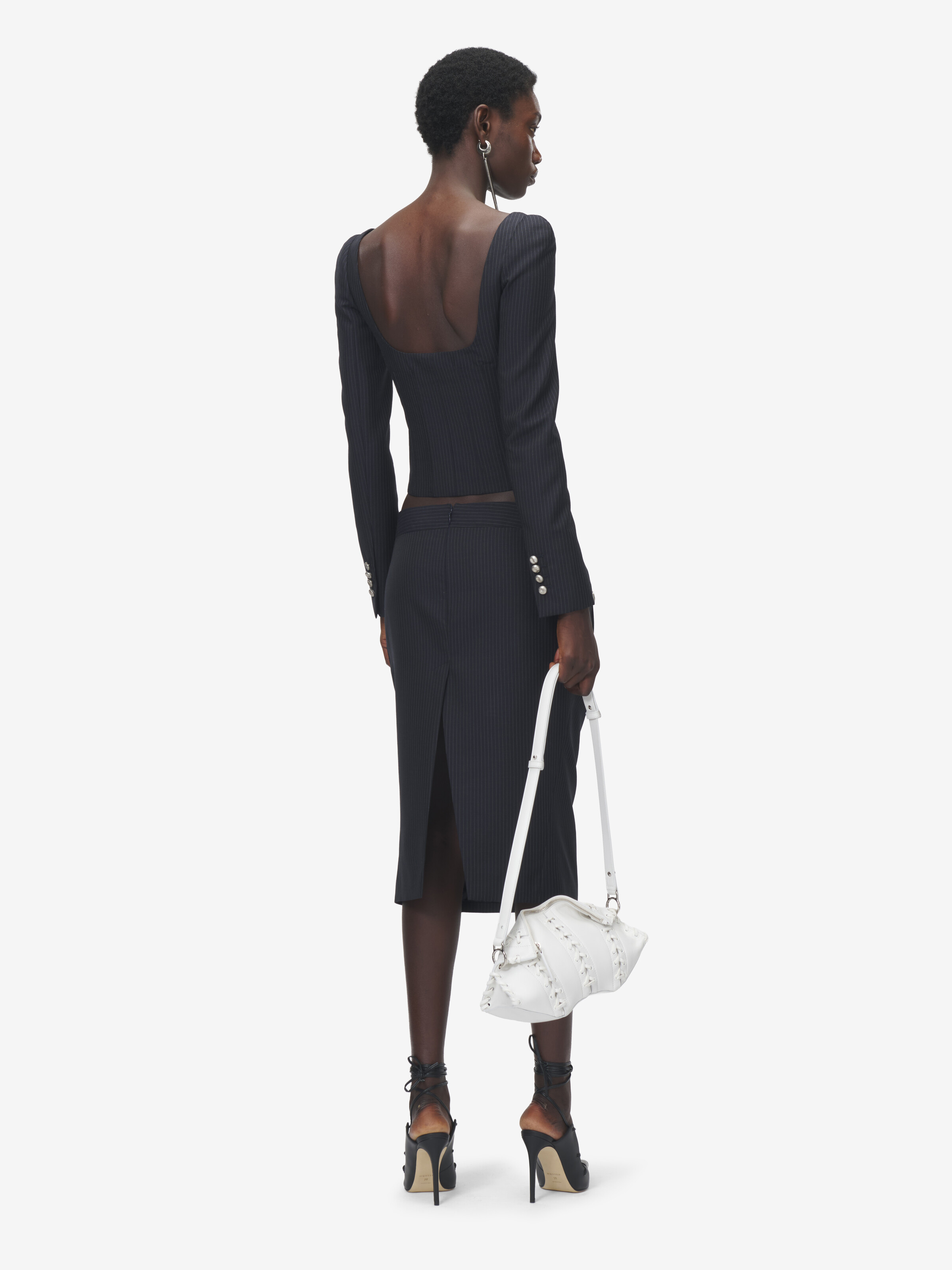 Women's Pinstriped Fitted Jacket in Navy in 75% Wool, 25% Mohair | Alexander McQueen - image 4