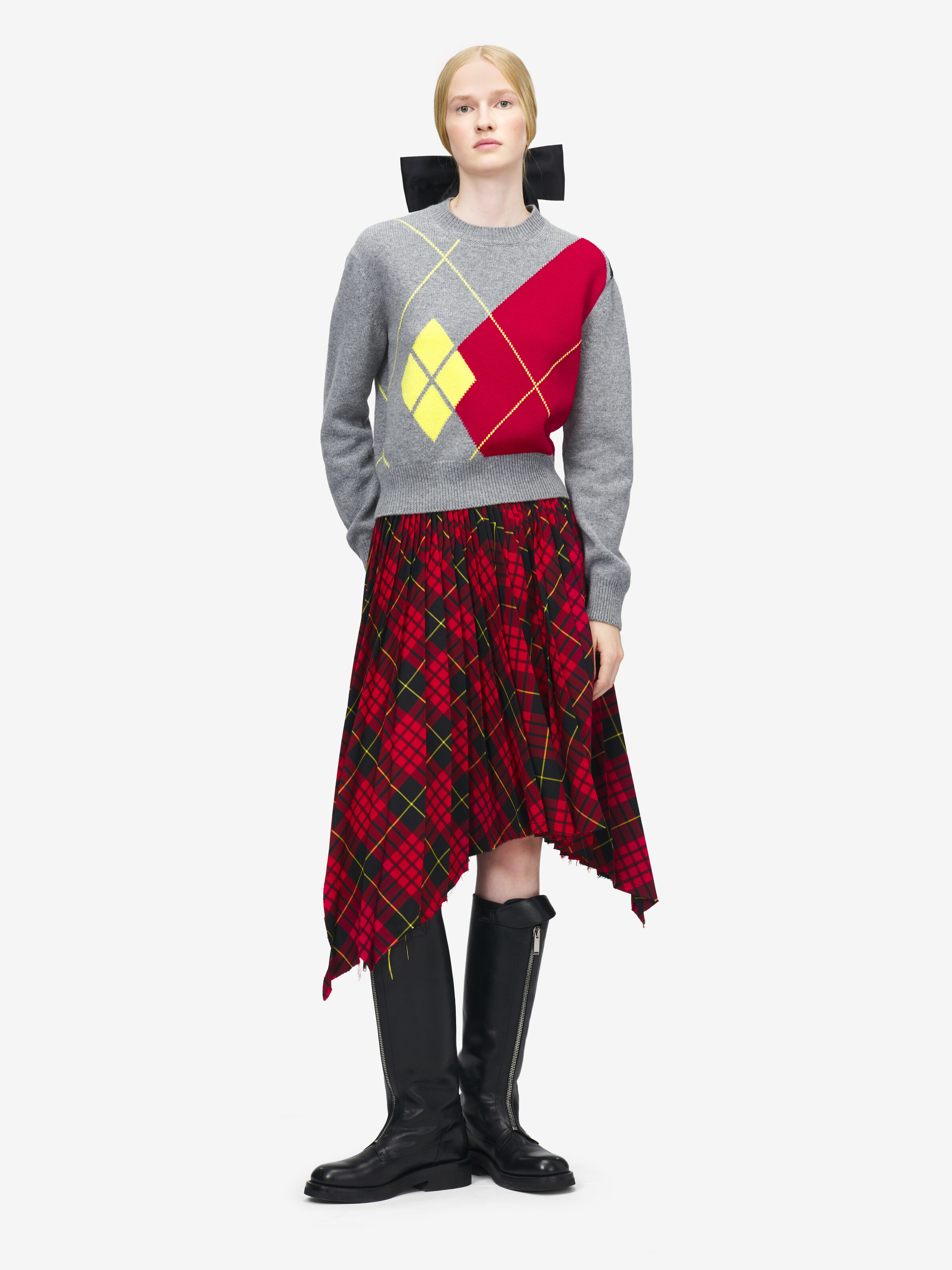 Women's Argyle Crew Neck Jumper in Grey/Red/Yellow in 100% Wool | Alexander McQueen - image 3