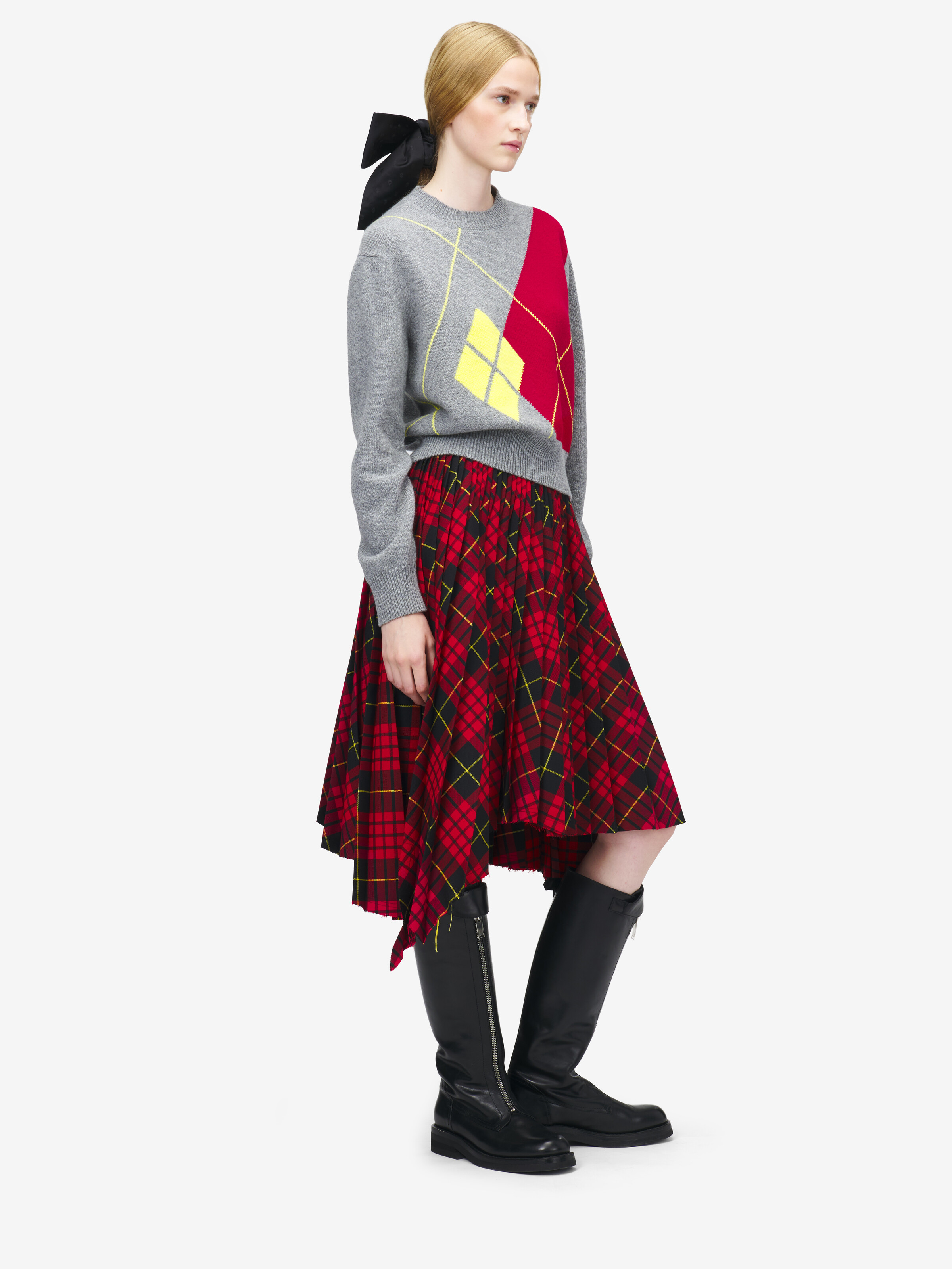 Women's Argyle Crew Neck Jumper in Grey/Red/Yellow in 100% Wool | Alexander McQueen - image 3