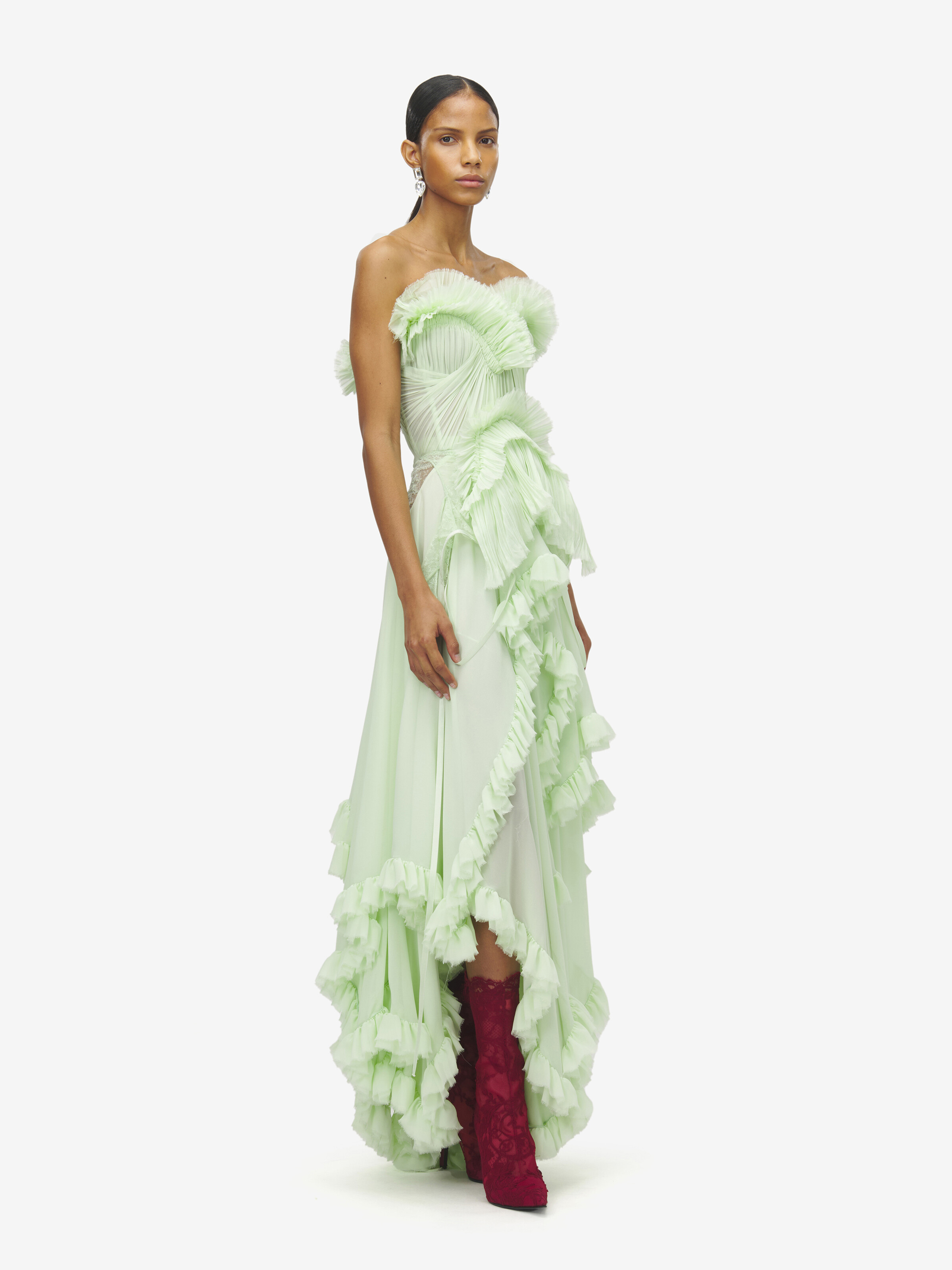 Women's Ruffled Evening Dress in Light Green in 100% Silk | Alexander McQueen - image 3