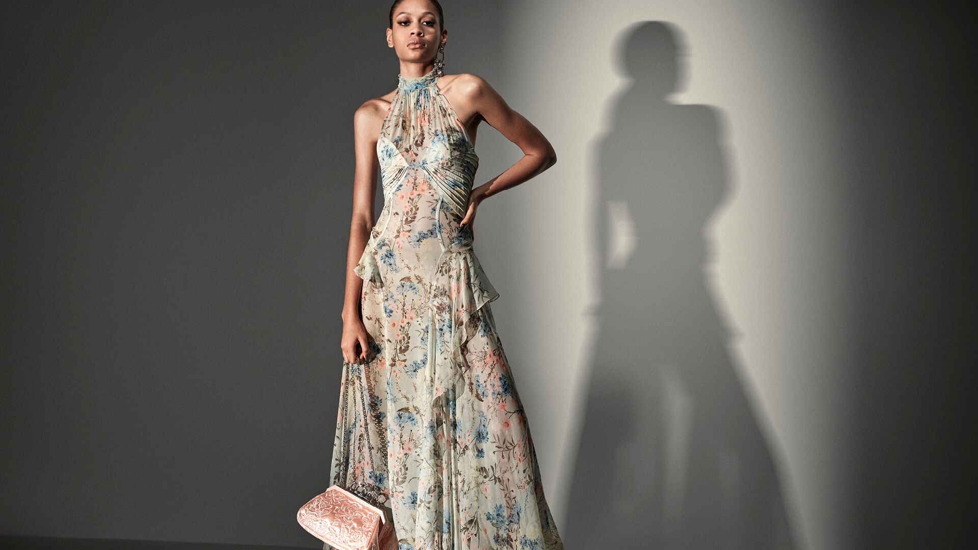 pleated halter maxi dress Vaughn Floral Blue Multi / XS Party Gown Graduation Dinner FESTIVAL26 this maxi dress is Style:EG02230DN