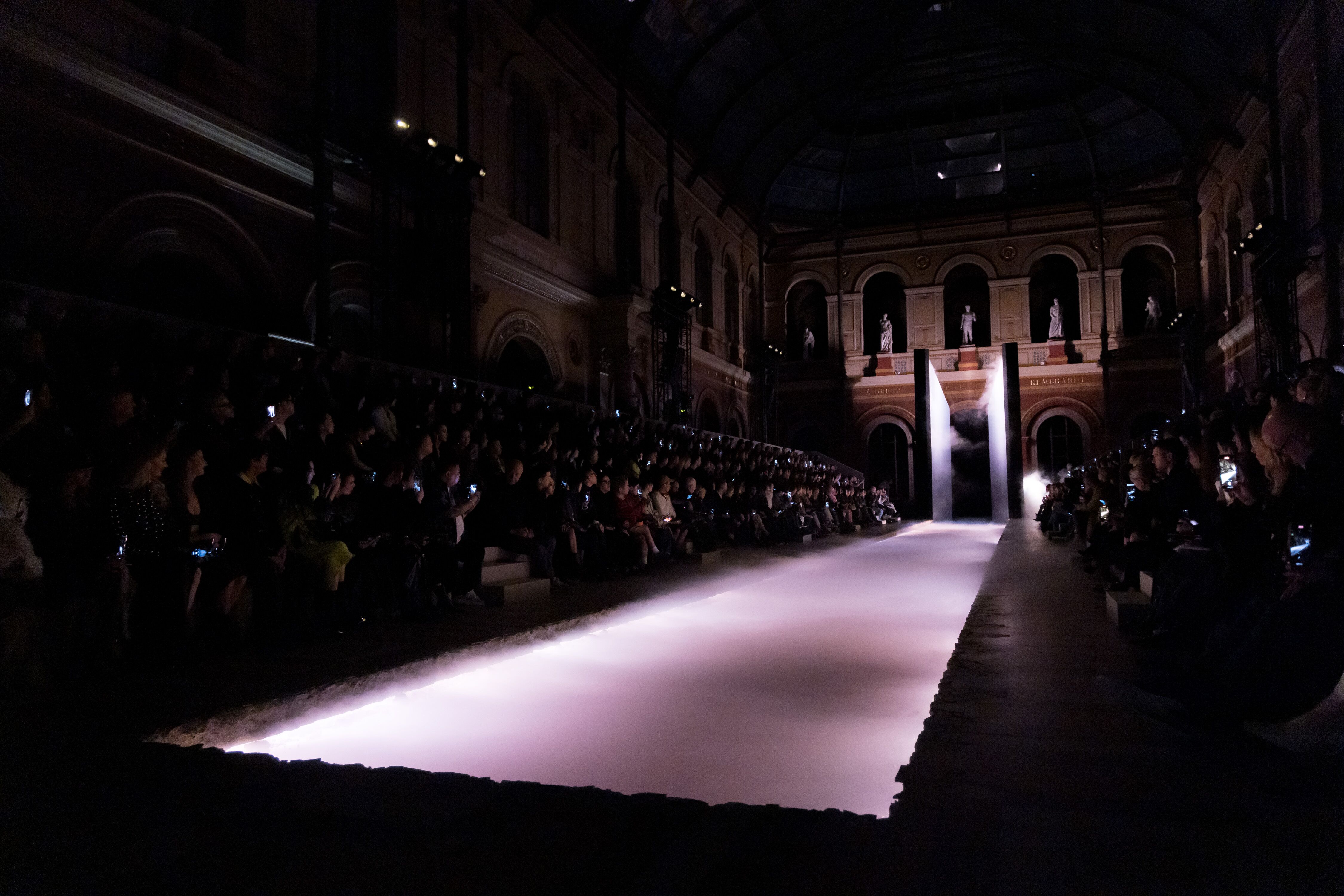 McQueen Spring Summer 2025 Runway with smoke and atmospheric lighting 