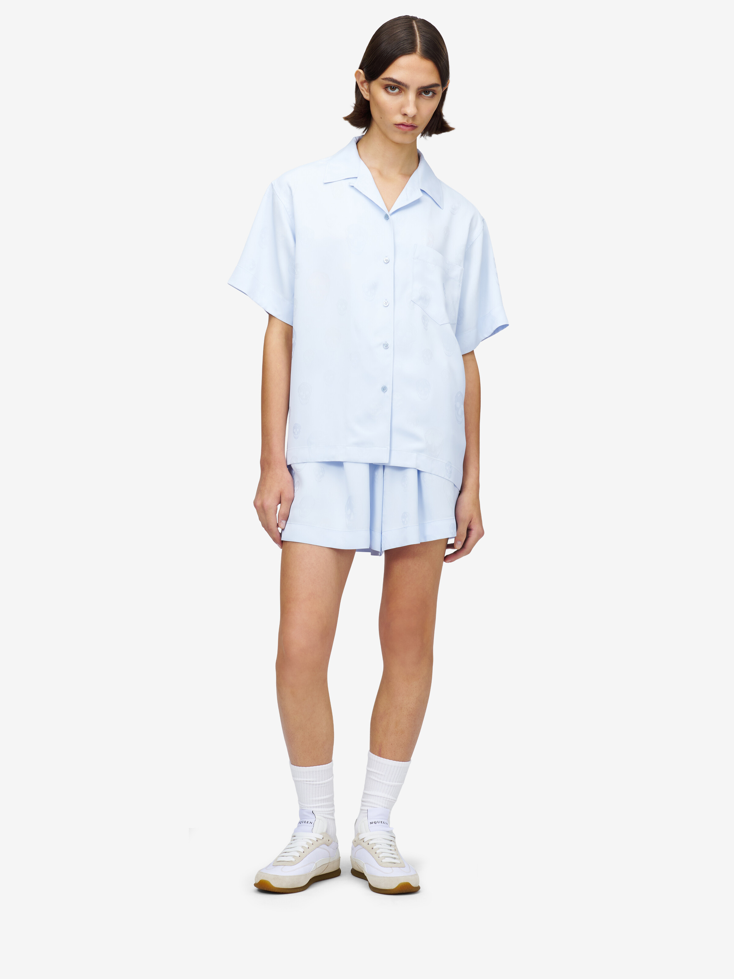 Women's Skull Jacquard Pyjama Shirt in Light Blue in 100% Viscose | Alexander McQueen - image 2
