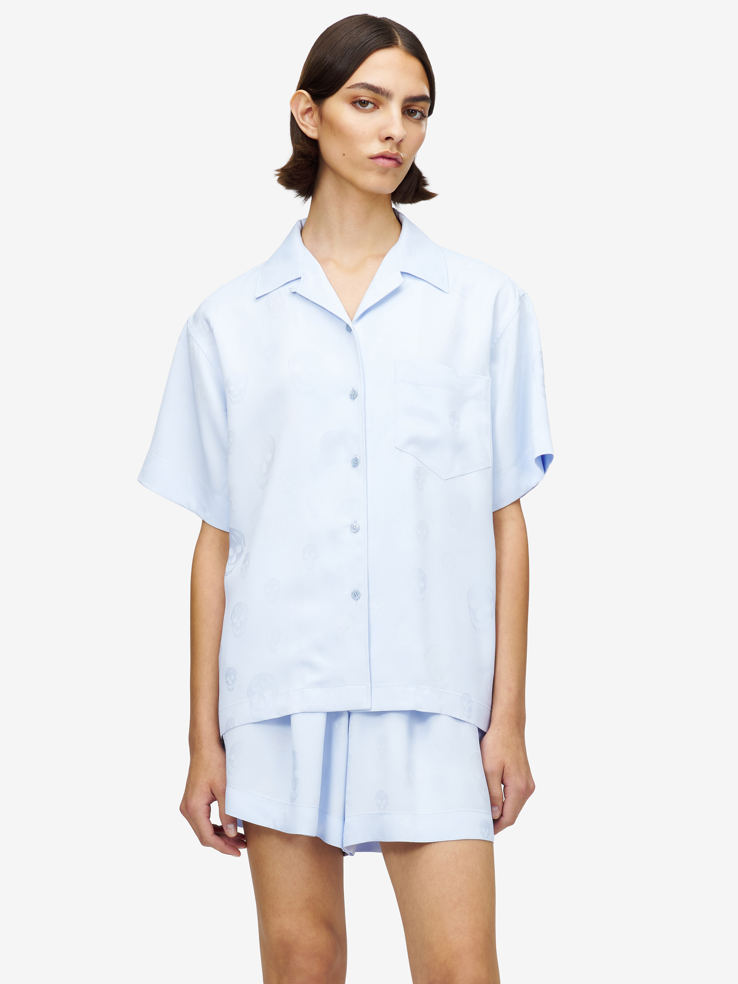Women's Skull Jacquard Pyjama Shirt in Light Blue in 100% Viscose | Alexander McQueen - image 1