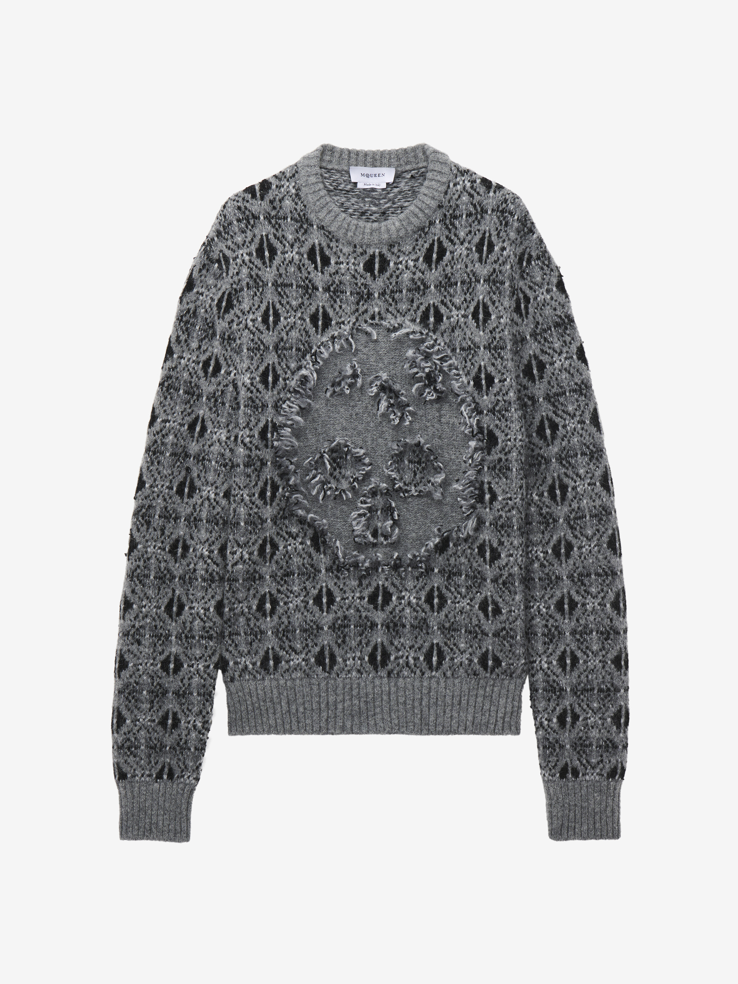 Men's Distressed Skull Fair Isle Jumper in Grey Melange in 34% Polyamide, 28% Alpaca Wool, 22% Wool, 16% Viscose | Alexander McQueen - image 1