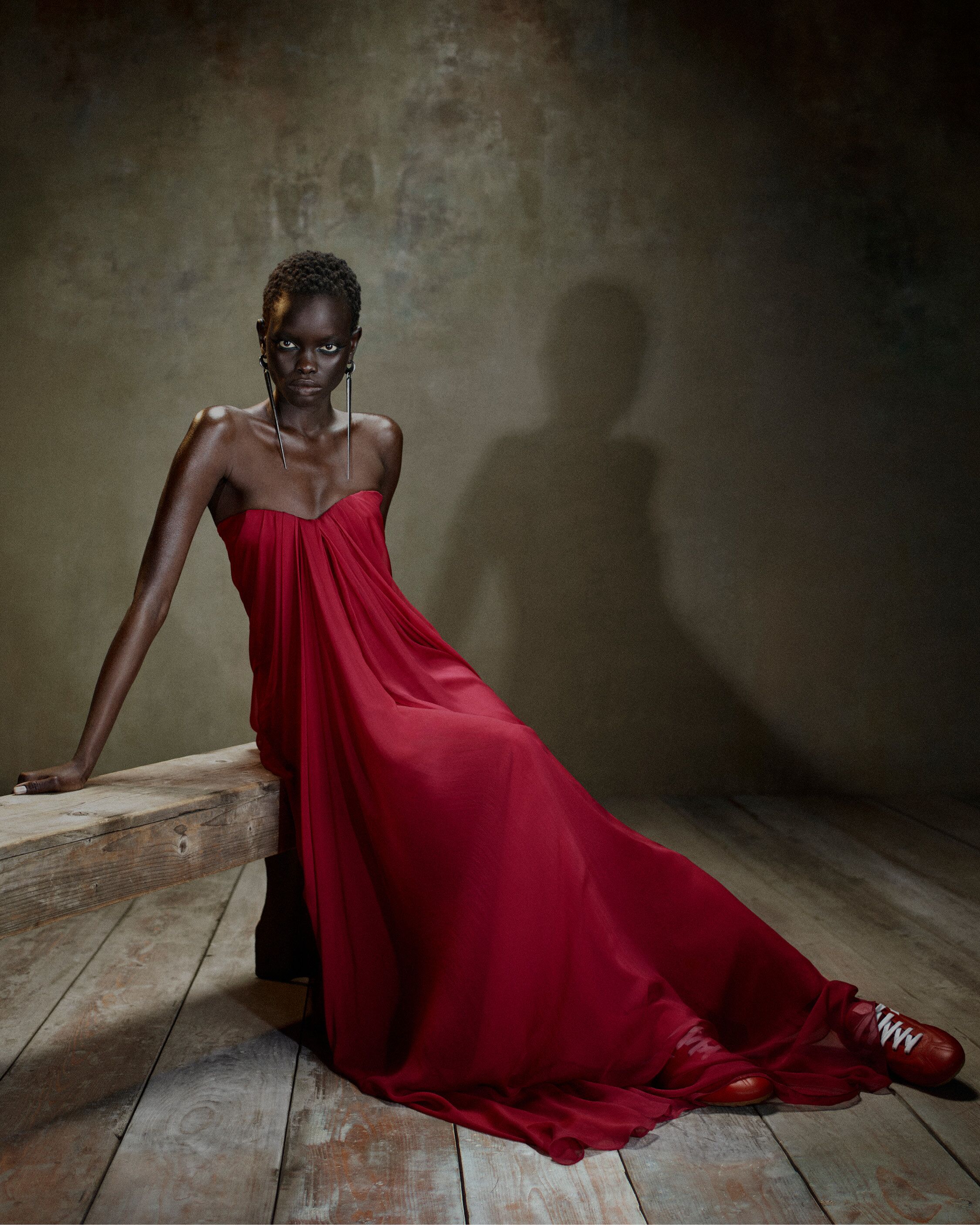 McQueen red strapless evening dress