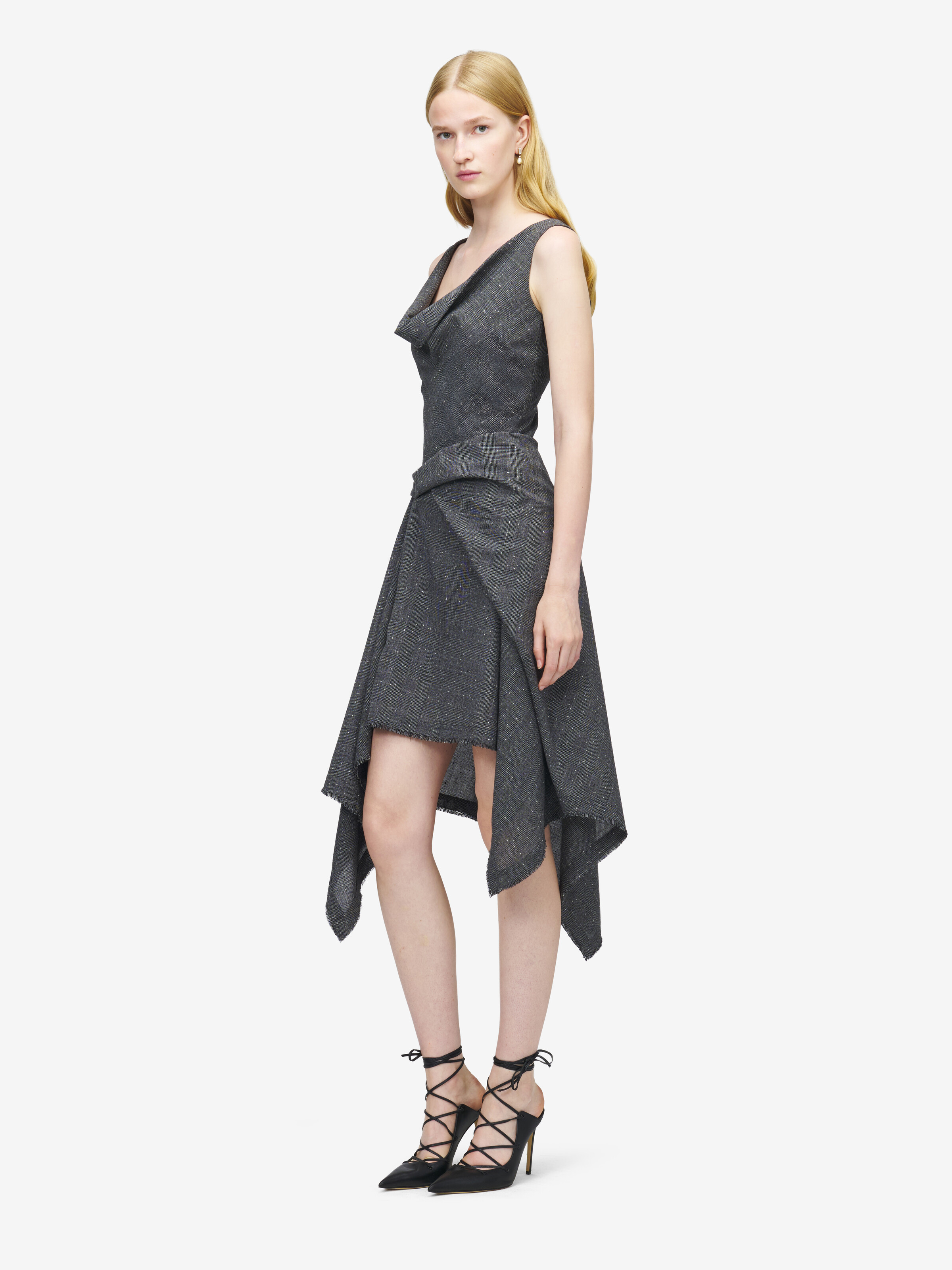 Women's Flecked Glen Check Asymmetric Dress in Black/Ivory in 100% Wool | Alexander McQueen - image 4
