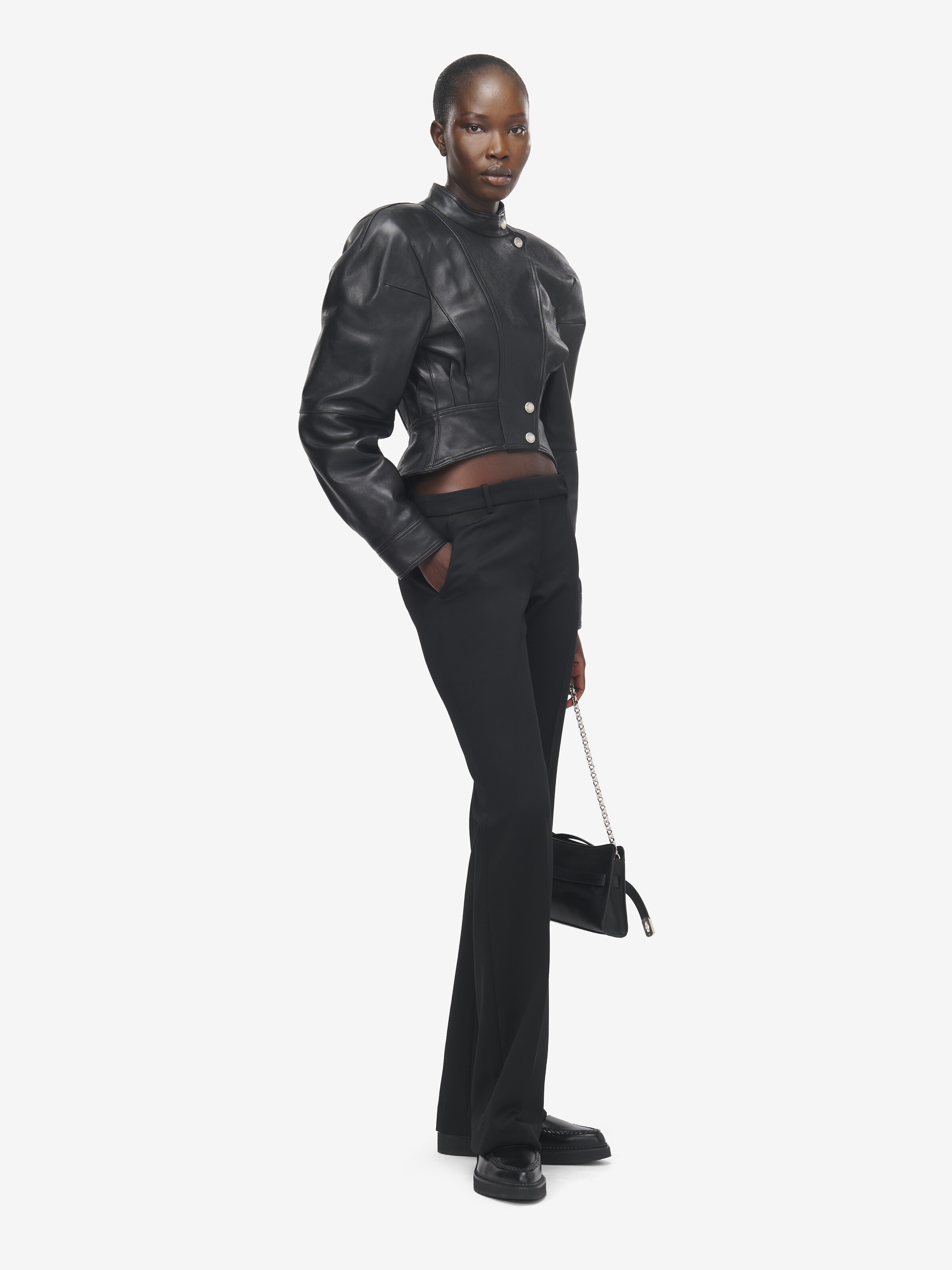 Women's Sculpted Shoulder Leather Jacket in Black in Lamb Leather - lining: 100% viscose -  filling: 94% polyethylene, 6% polyester | Alexander McQueen - image 3