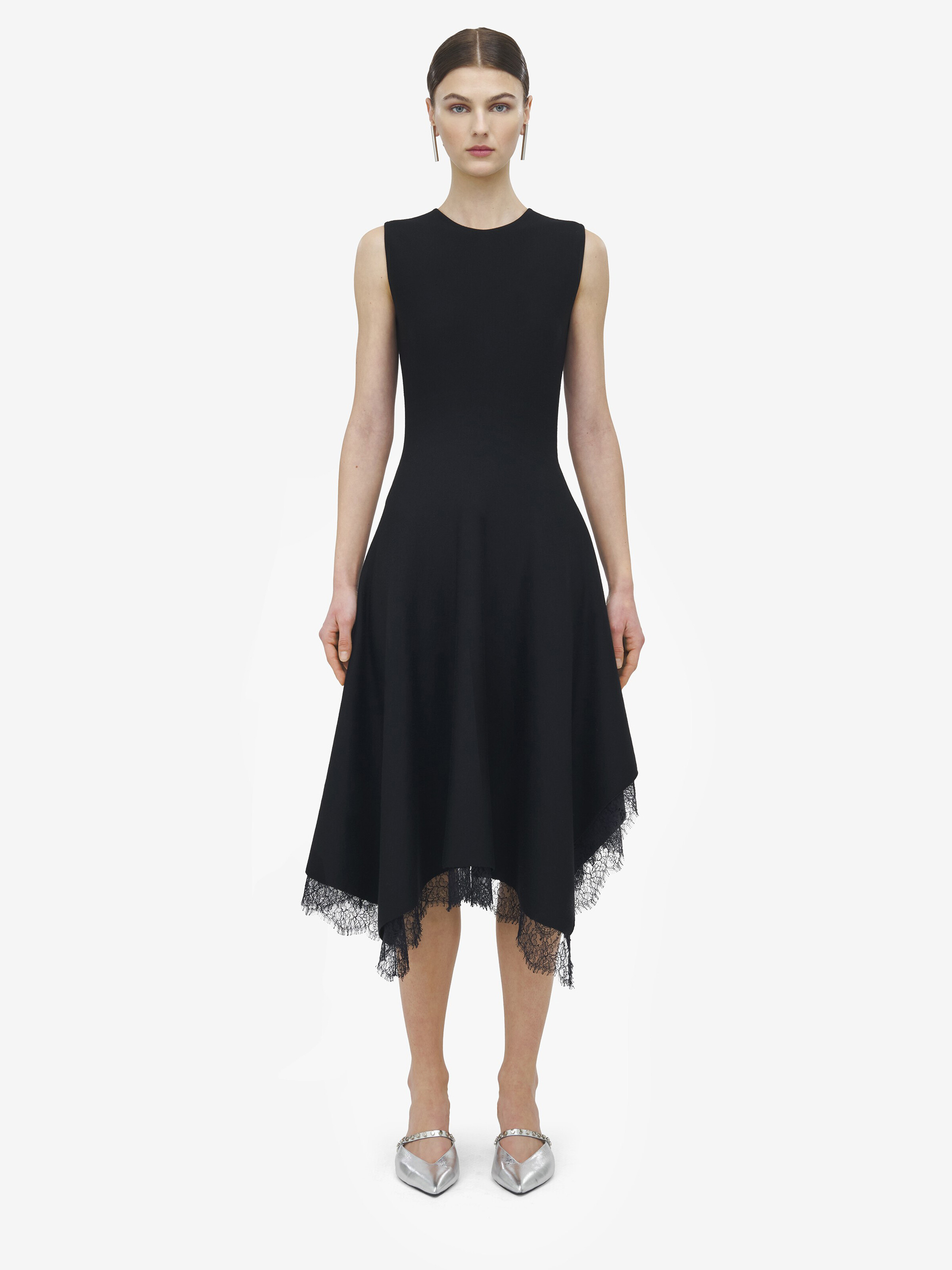 Women's Lace Detail Asymmetric Dress in Black in 46% Viscose, 45% Wool, 8% Polyamide, 1% Elastane | Alexander McQueen - image 2