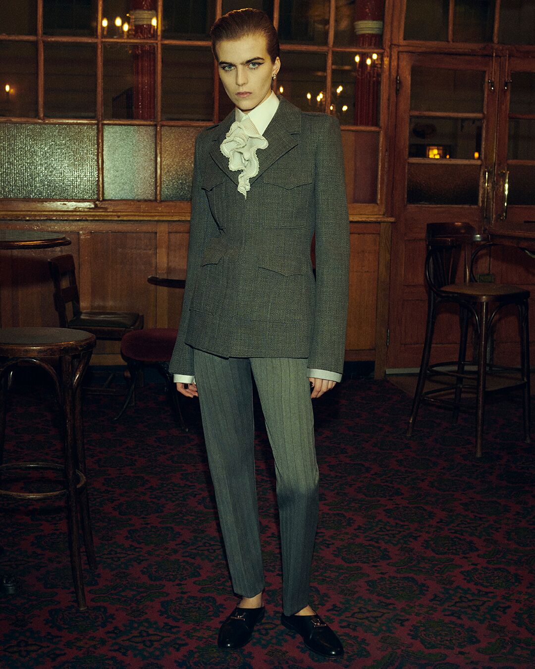 Model on set of McQueen Autumn Winter 2025 Pre-Collection photoshoot