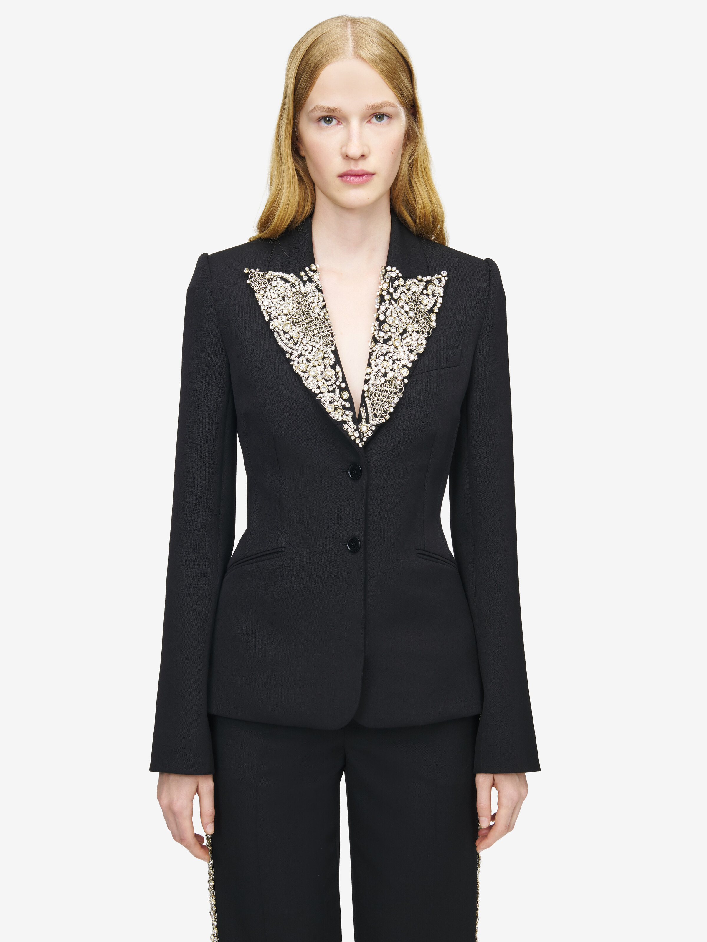 Women's Chain Mail Embroidery Single-breasted Jacket in Black in 100% Wool | Alexander McQueen - image 6