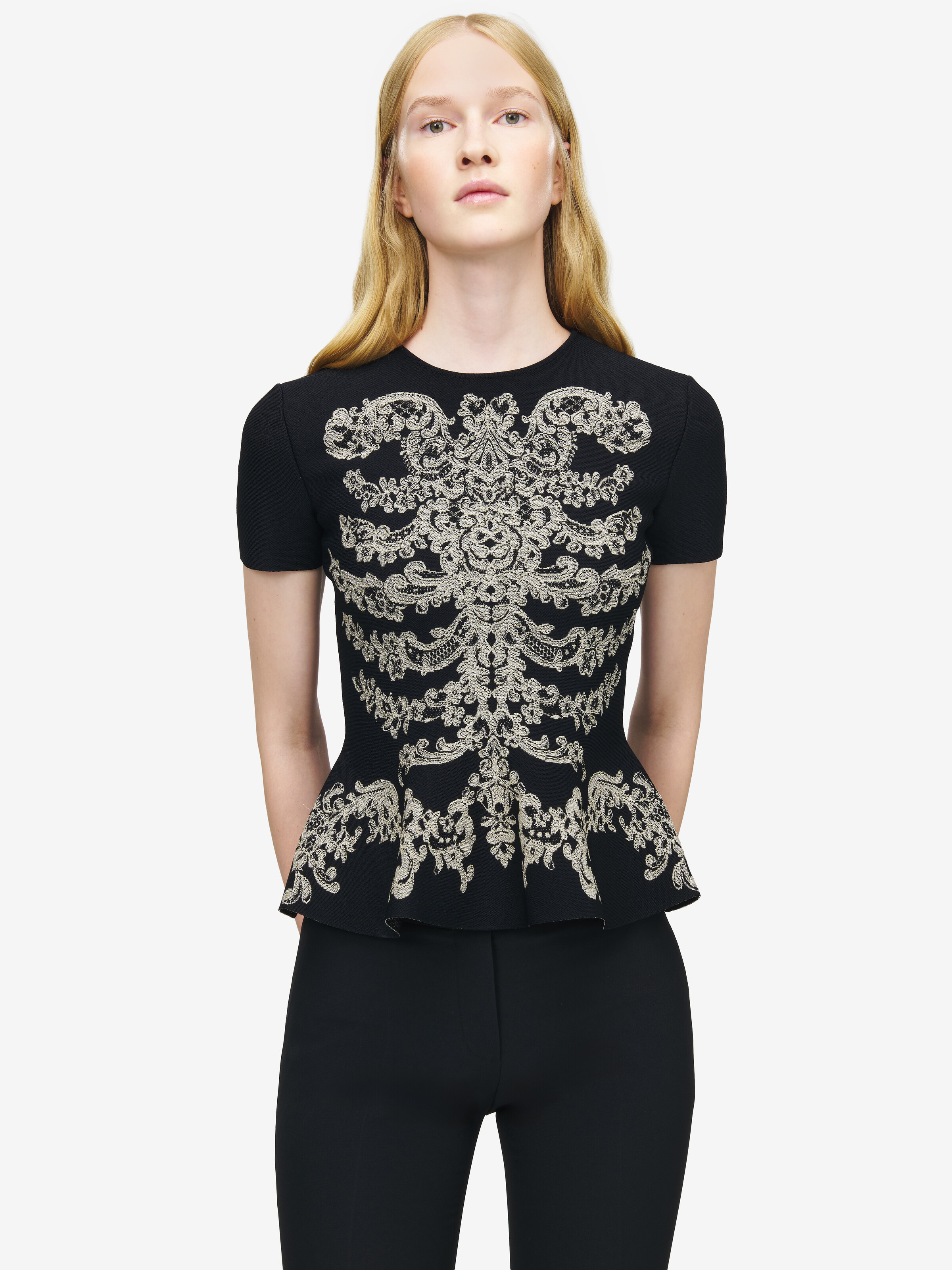 Schößchen-Top mit Rippenstickerei aus Spitze Damen für Schwarz in 84% Viscose, 14% Polyester, 2% Metallic-Polyester | Alexander McQueen - image 1