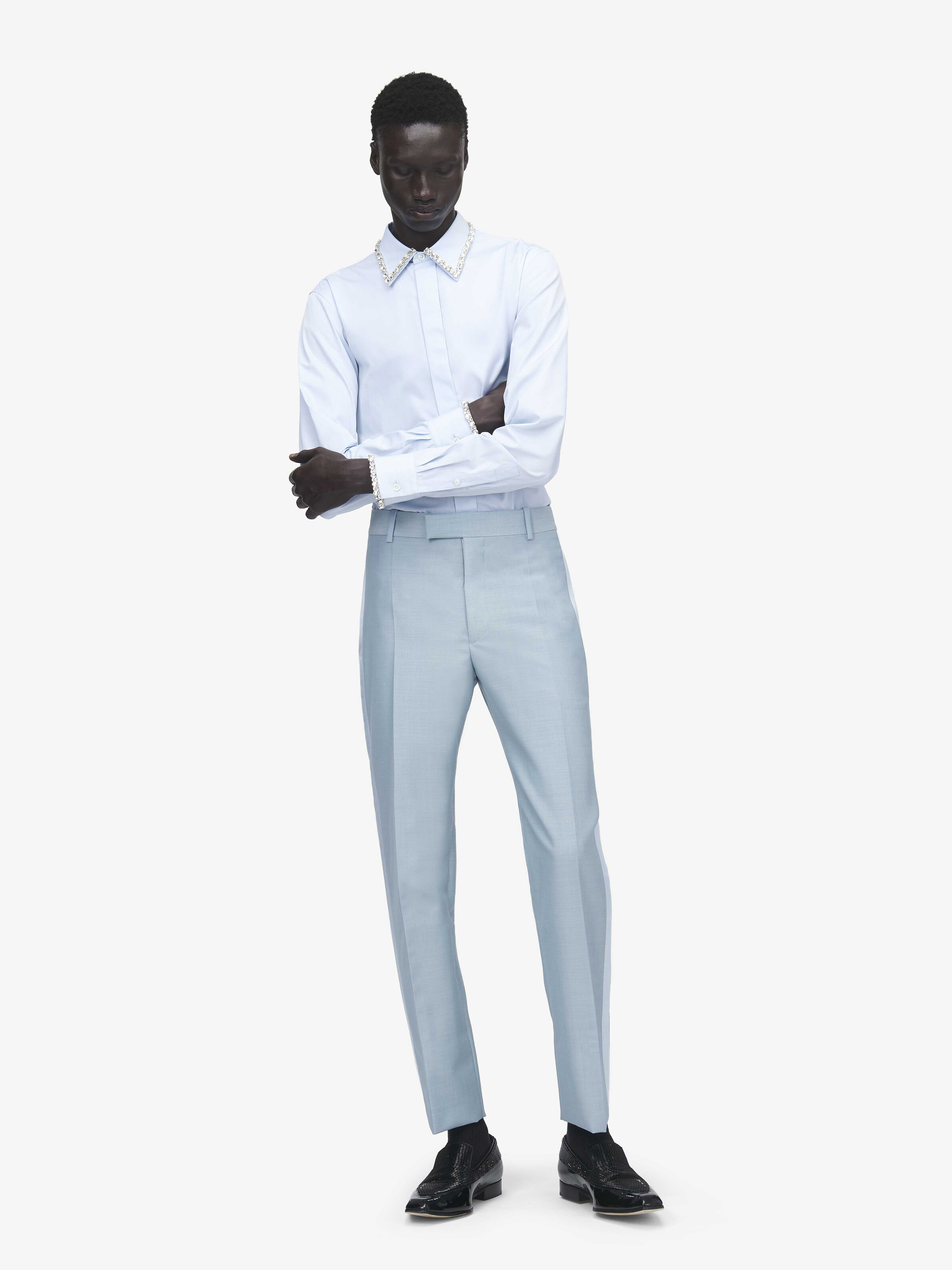 Men's Wool Mohair Tuxedo Trousers in Light Blue in 75% Wool, 25% Mohair | Alexander McQueen - image 1