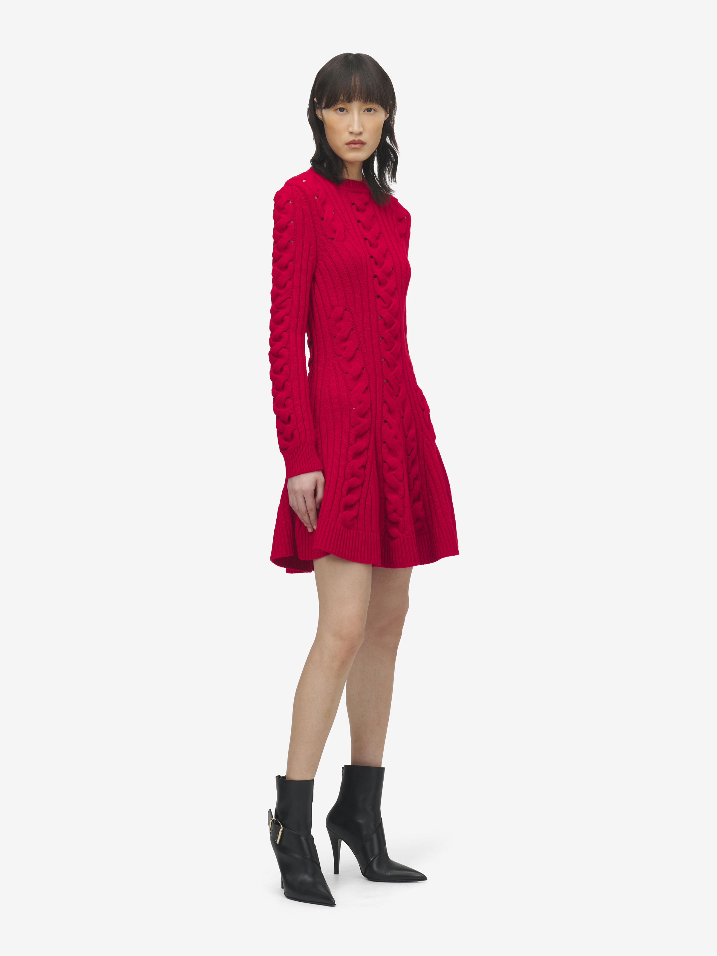 Women's Wool Cashmere Cable Knit Mini Dress in Red in 90% Wool, 10% Cashmere | Alexander McQueen - image 2