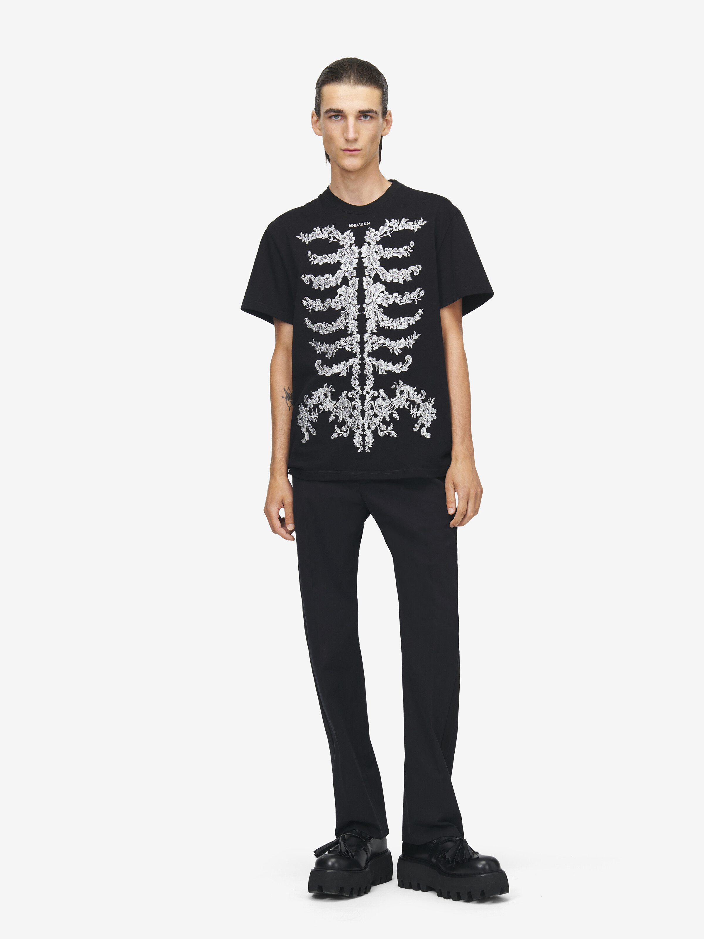 Men's Lace Ribcage T-shirt in Black in 100% Cotton | Alexander McQueen - image 3