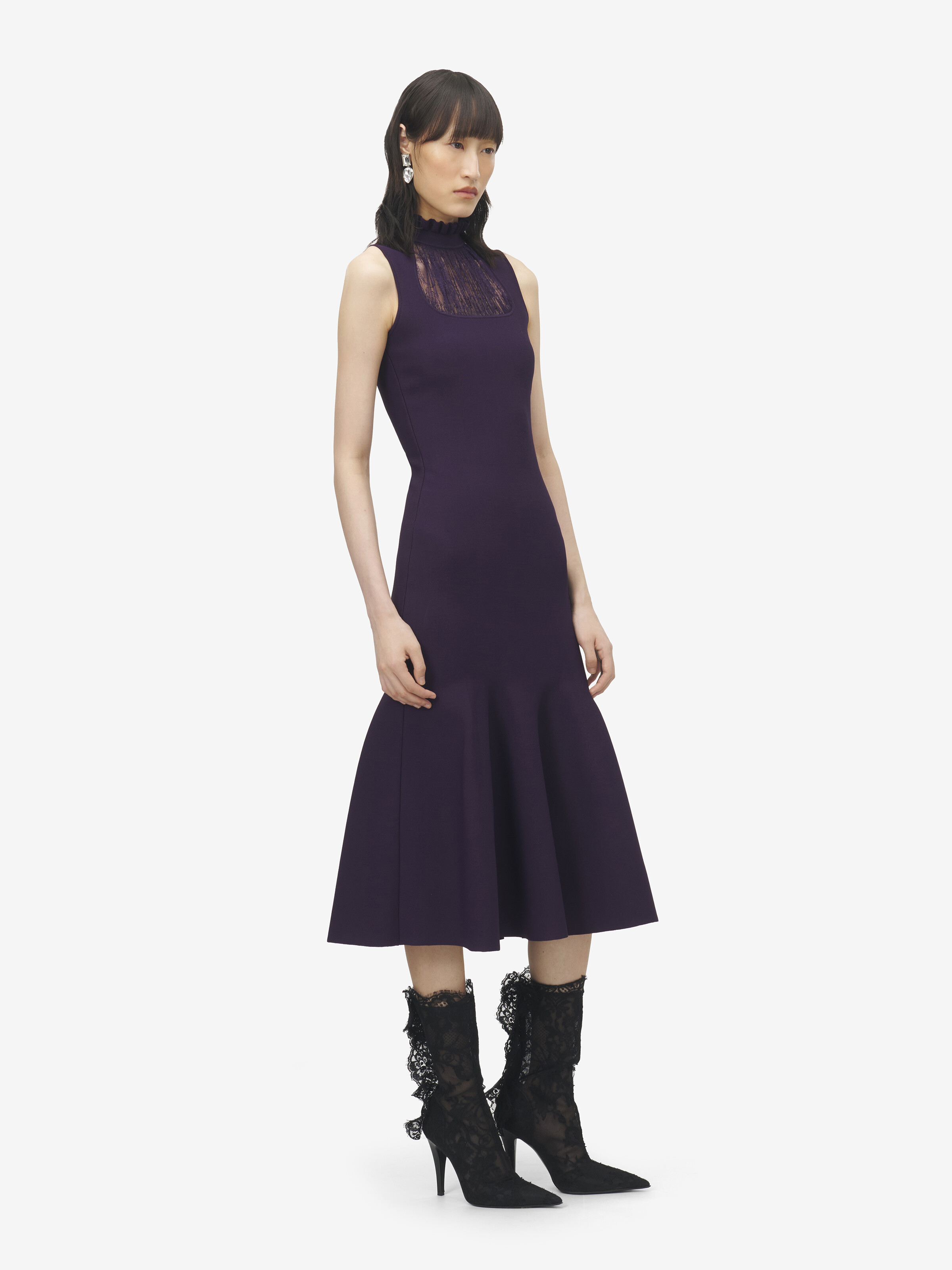Women's Lace Panel Midi Dress in Violet in 66% Viscose, 20% Polyamide, 13% Polyester, 1% Elastane | Alexander McQueen - image 3