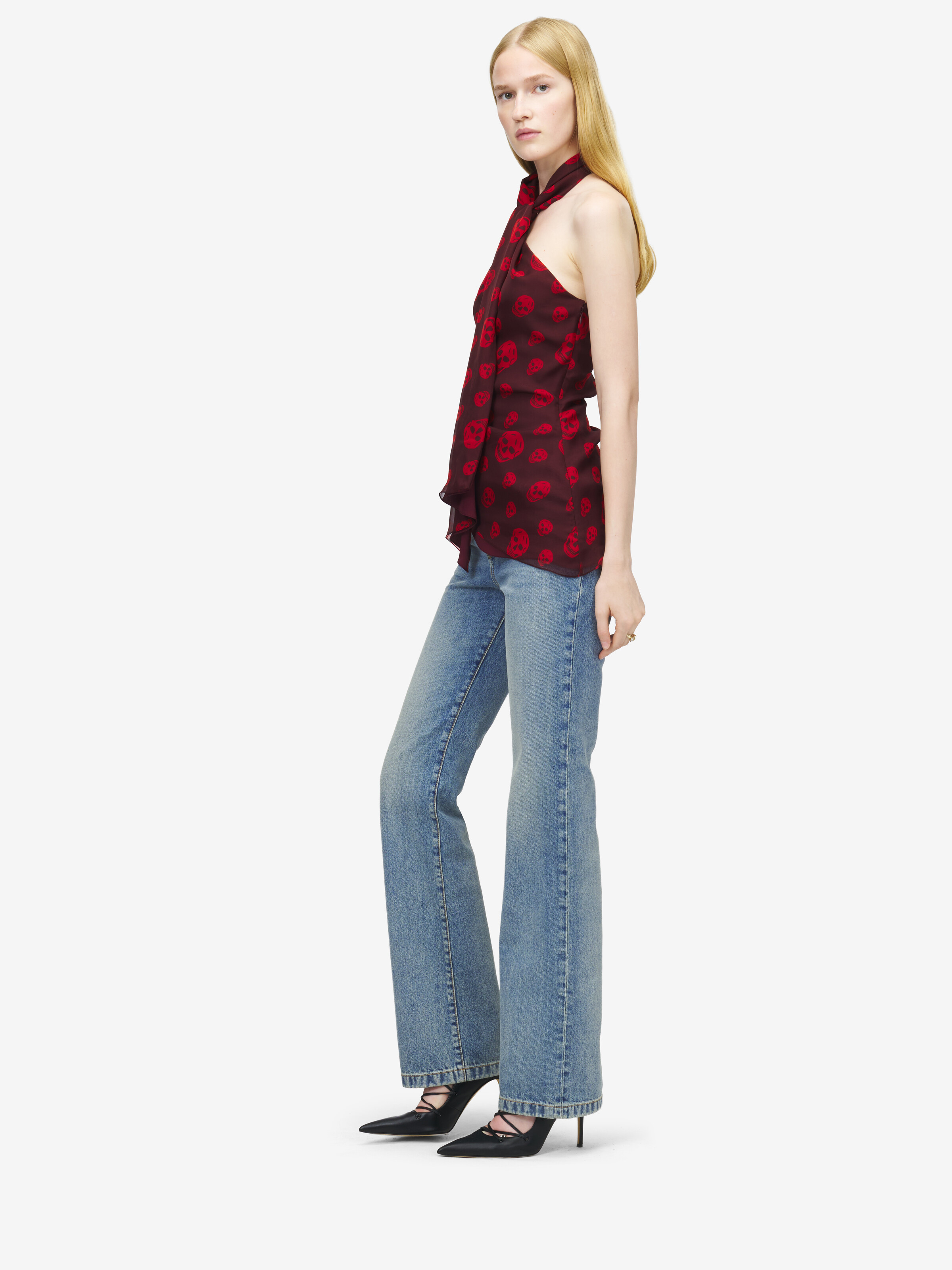 Women's Skull Print Halterneck Top in Deep Red in 100% Silk | Alexander McQueen - image 3
