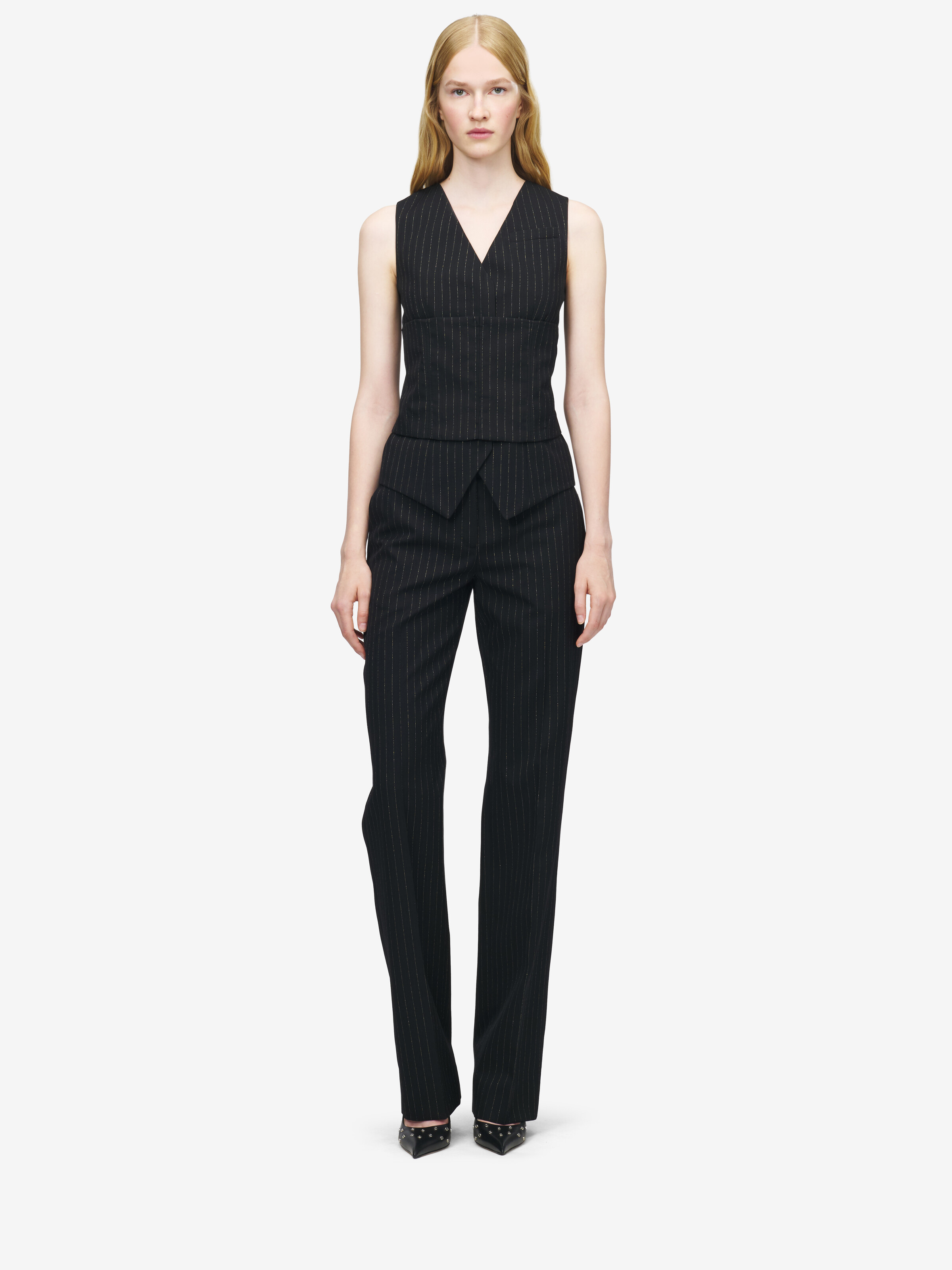 Women's Pinstriped Tailored Waistcoat in Black in 100% Wool | Alexander McQueen - image 2