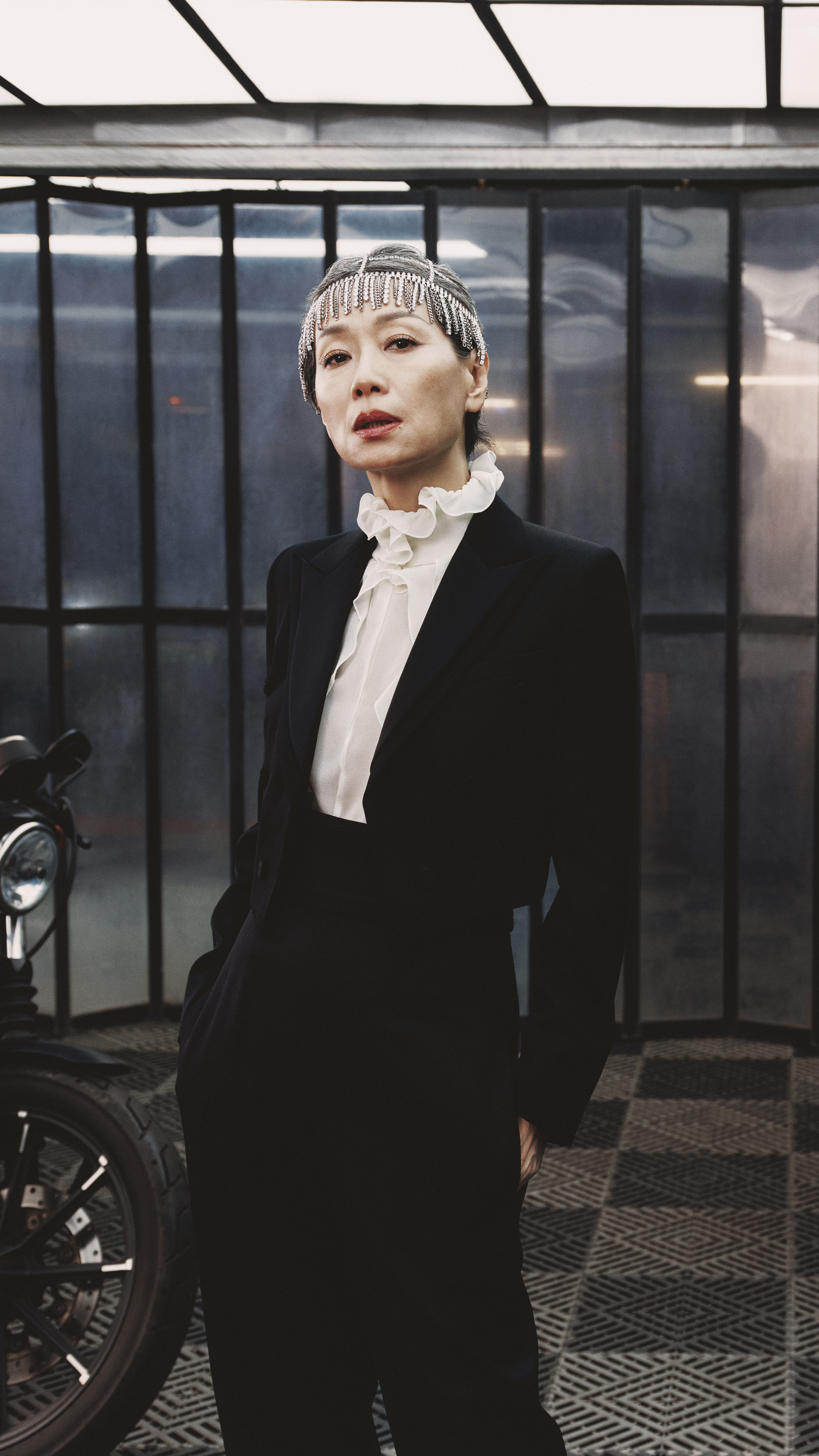 Model in McQueen tailoring