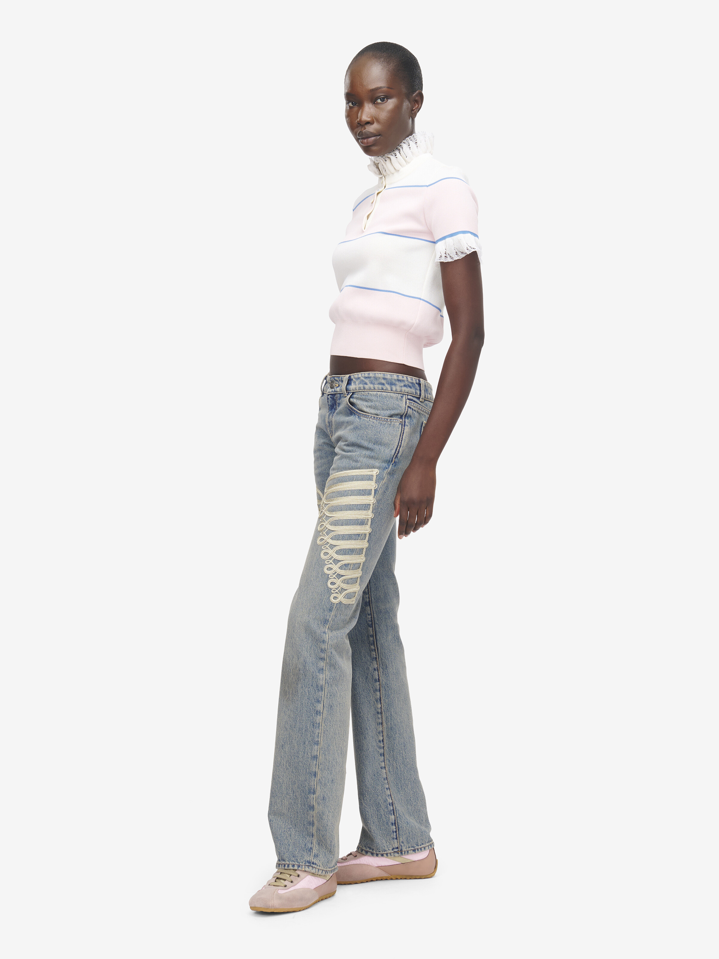 Women's Ruffle Trim Striped Top in Ivory/Light Pink in 67% Viscose, 33% Cotton | Alexander McQueen - image 3