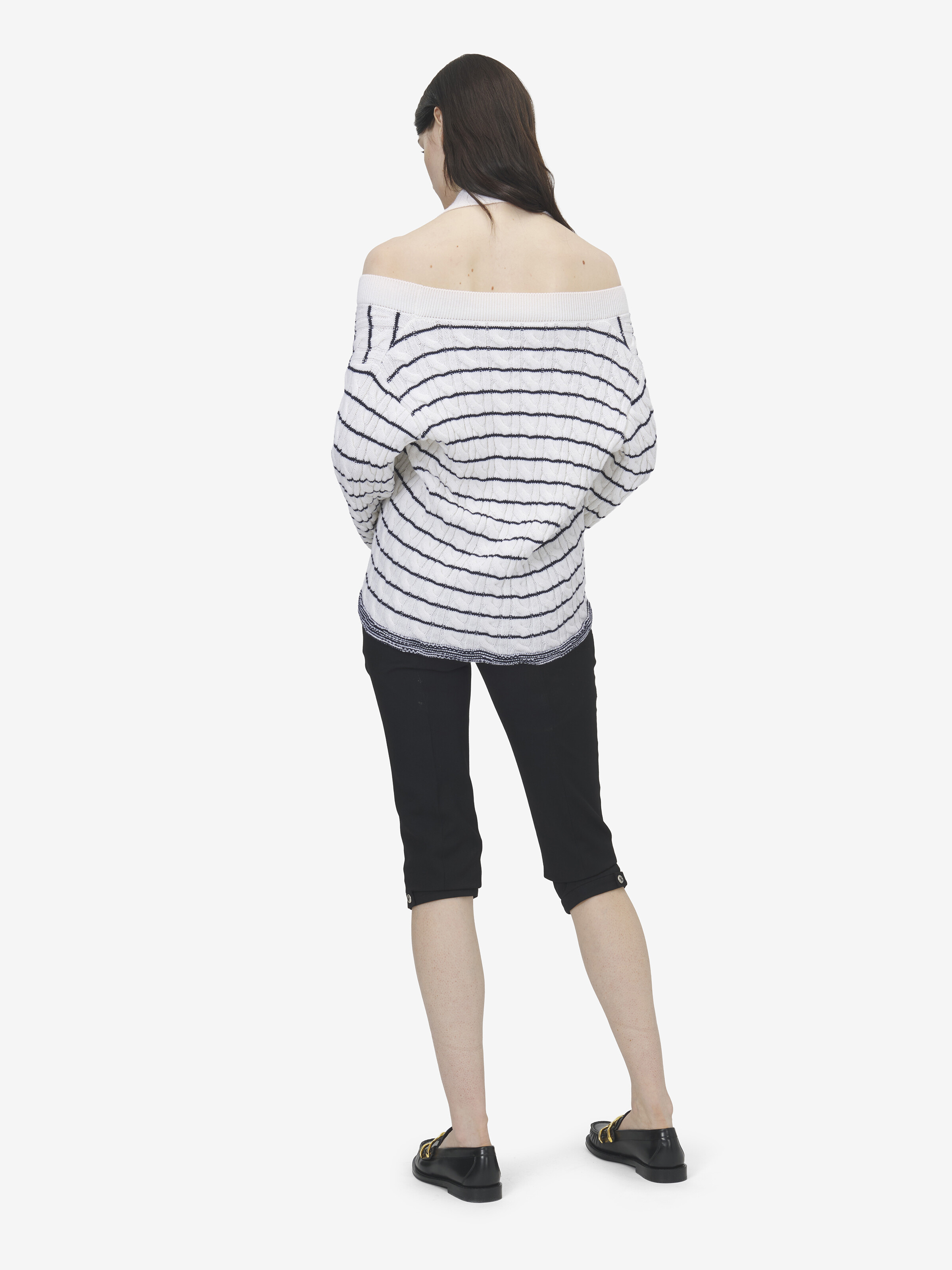 Cardigan rayé à épaules dénudées pour Femme en Ivoire/Bleu Marine in 100% Laine | Alexander McQueen - image 4