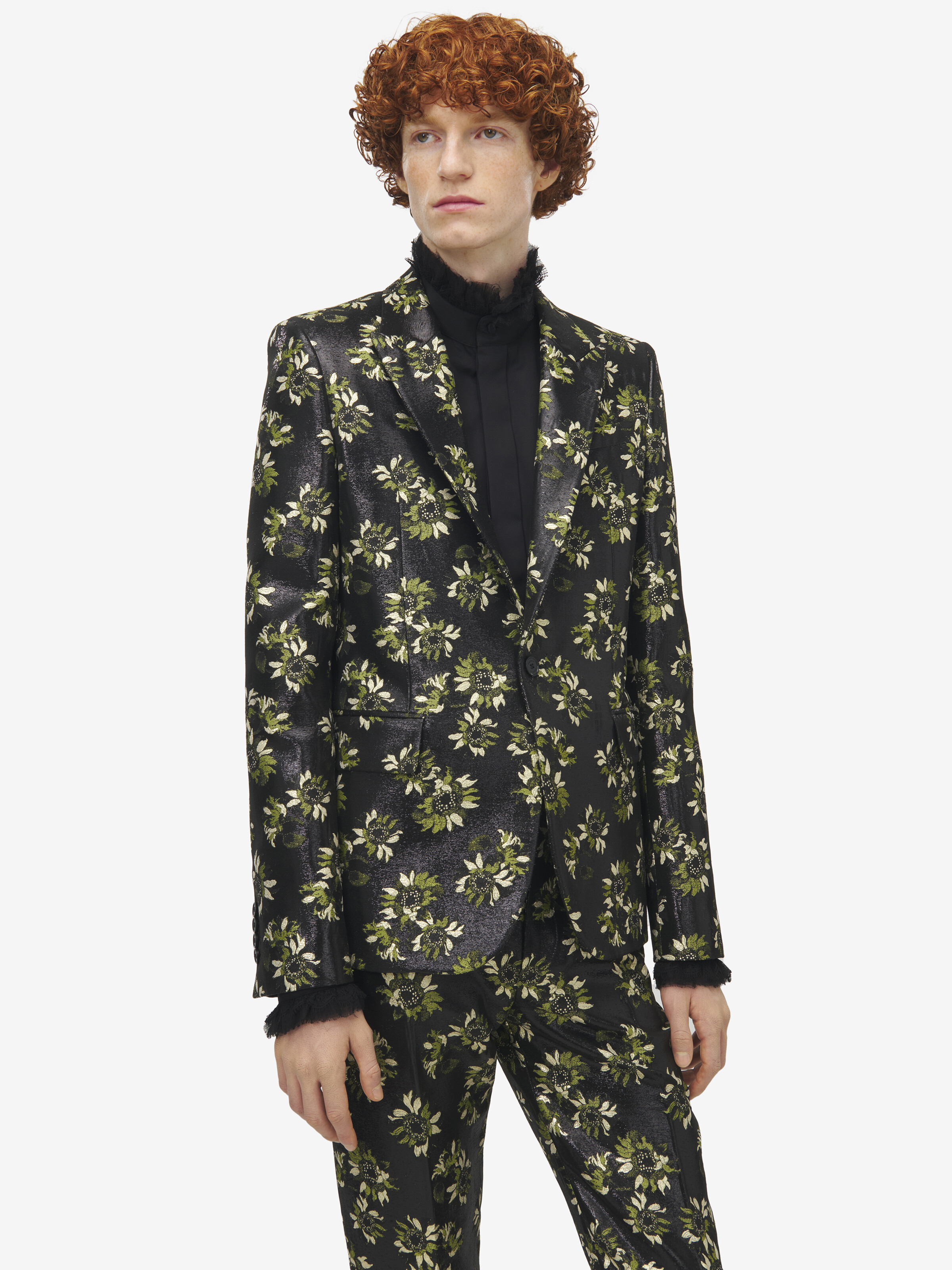 Men's Sunflower Jacquard Single-breasted Jacket in Black/Green/Gold in 89% Polyester, 11% Metalic Polyester | Alexander McQueen - image 6