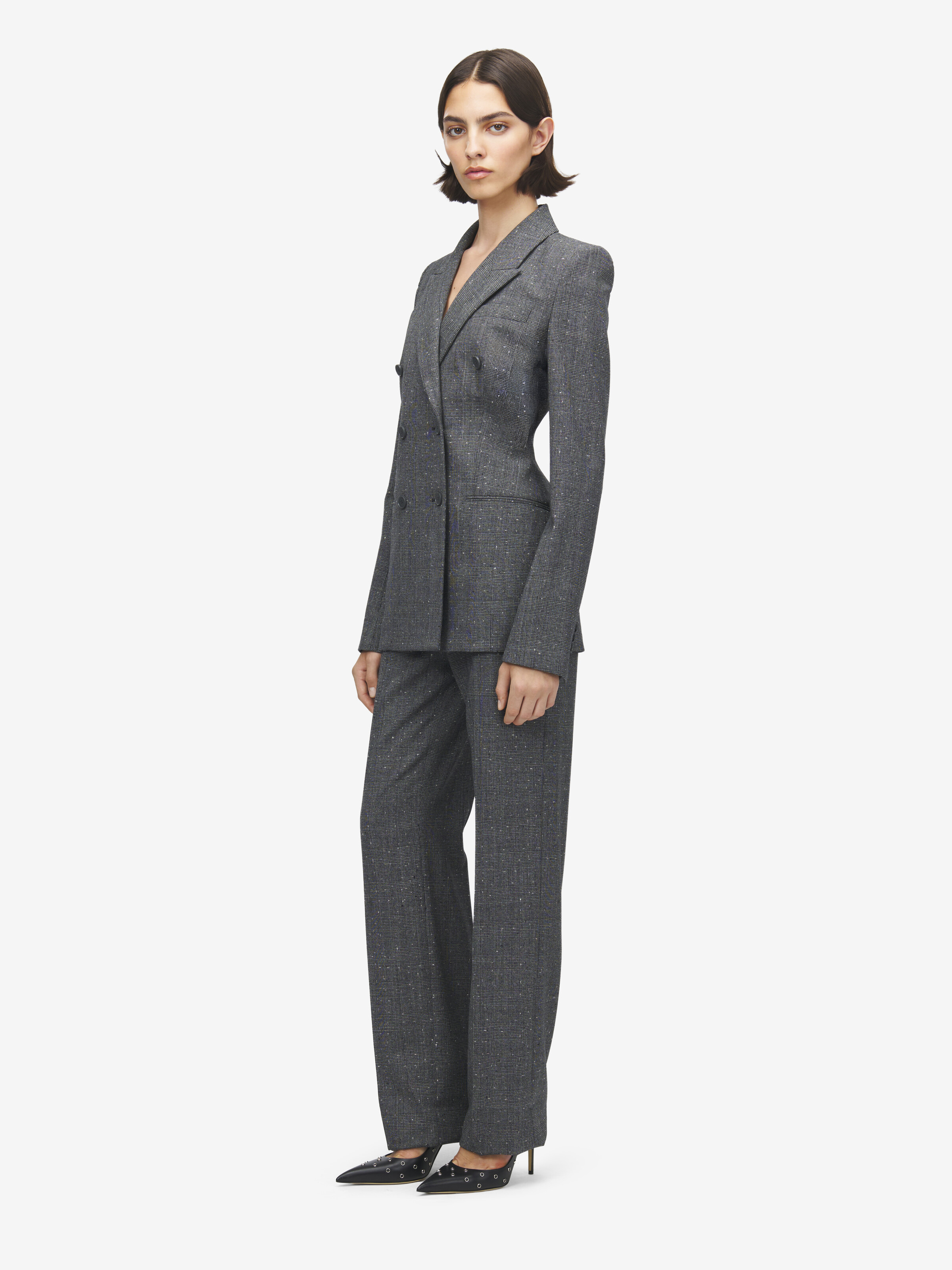 Women's Flecked Glen Check Tailored Trousers in Black/Ivory in 100% Wool | Alexander McQueen - image 3