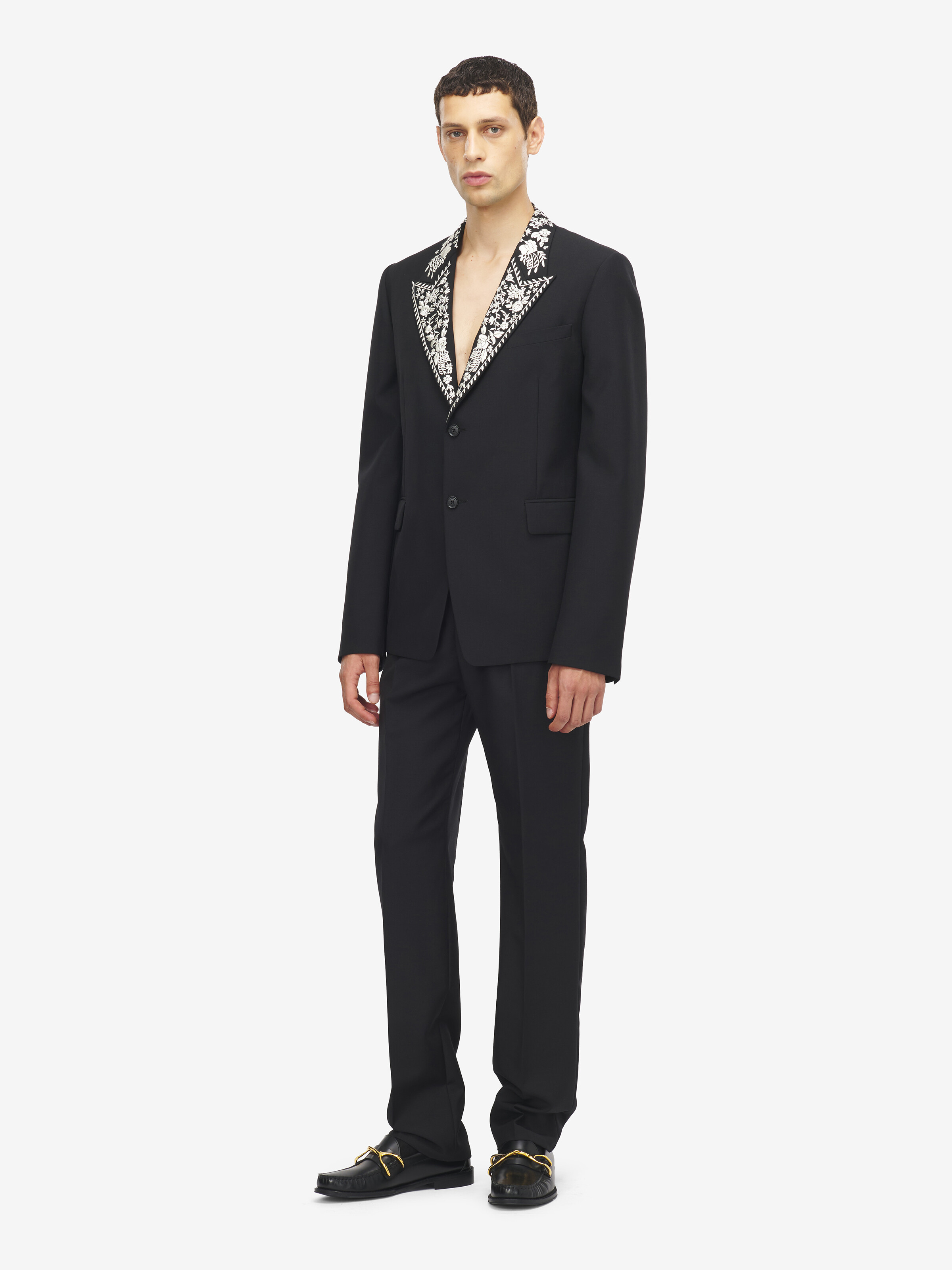 Men's Floral Embroidery Double-breasted Jacket in Black in 75% Wool, 25% Mohair | Alexander McQueen - image 2