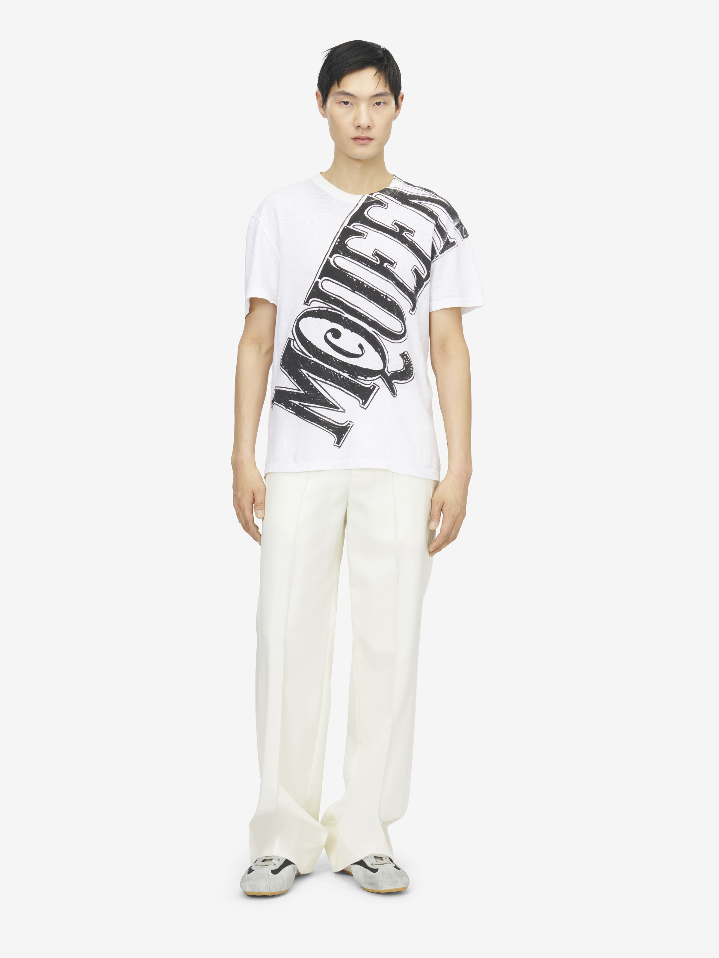 Men's Sketch Logo Print T-shirt in White/Black in 70% Cotton, 30% Linen | Alexander McQueen - image 2