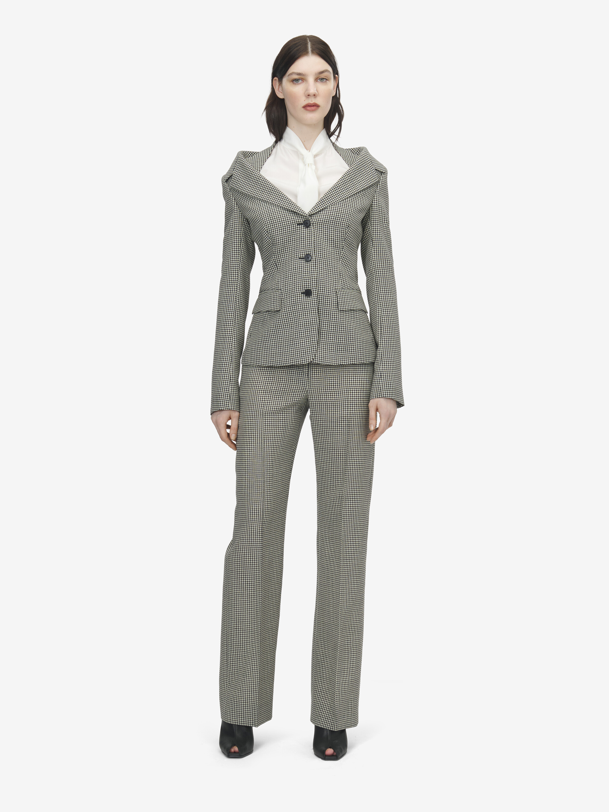 Women's 깅엄 체크 테일러드 팬츠 in 블랙/아이보리 in 100% 양모 | Alexander McQueen - image 2