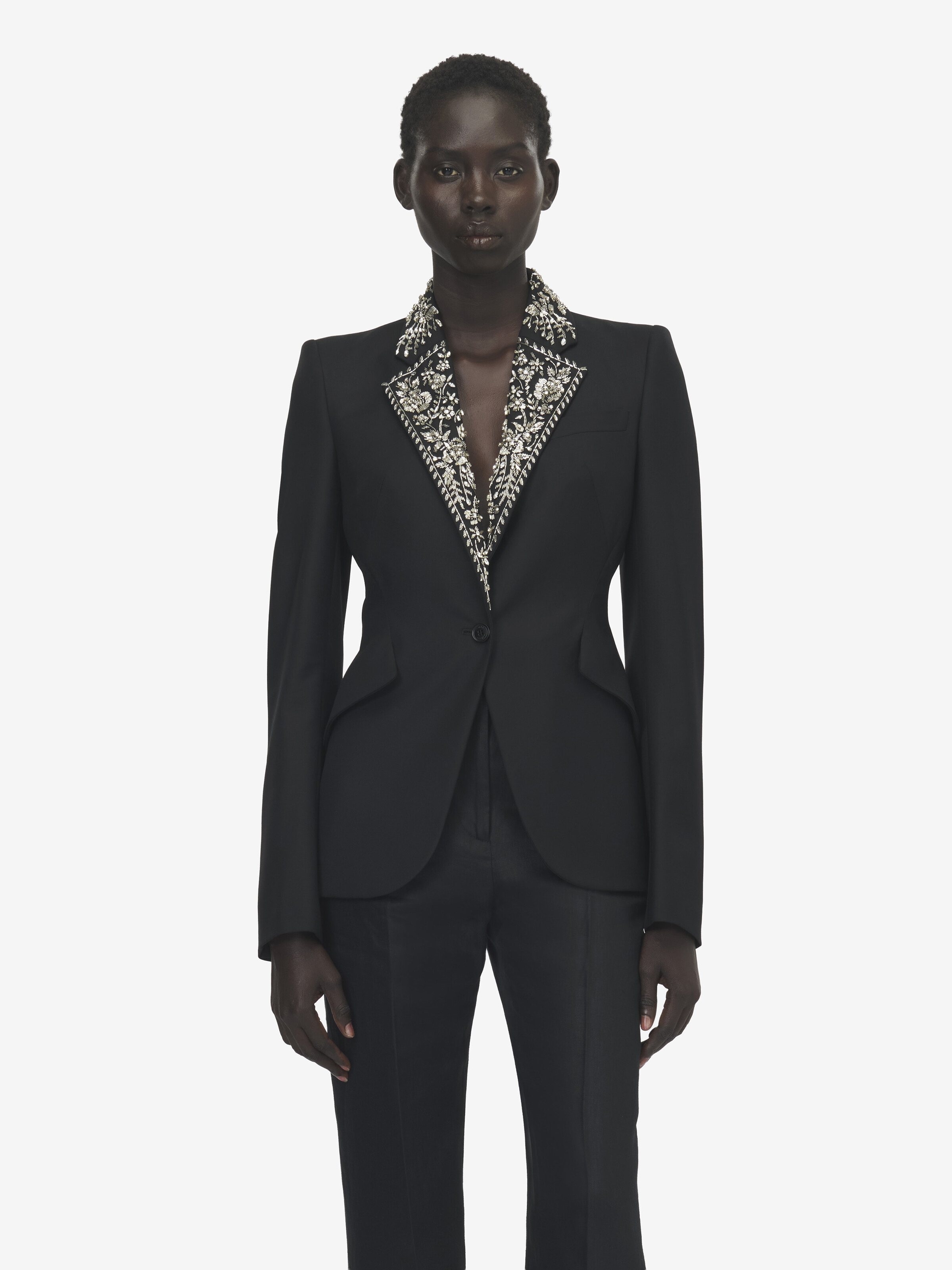 Women's Embroidered Lapel Single-breasted Jacket in Black in 100% Wool | Alexander McQueen - image 6
